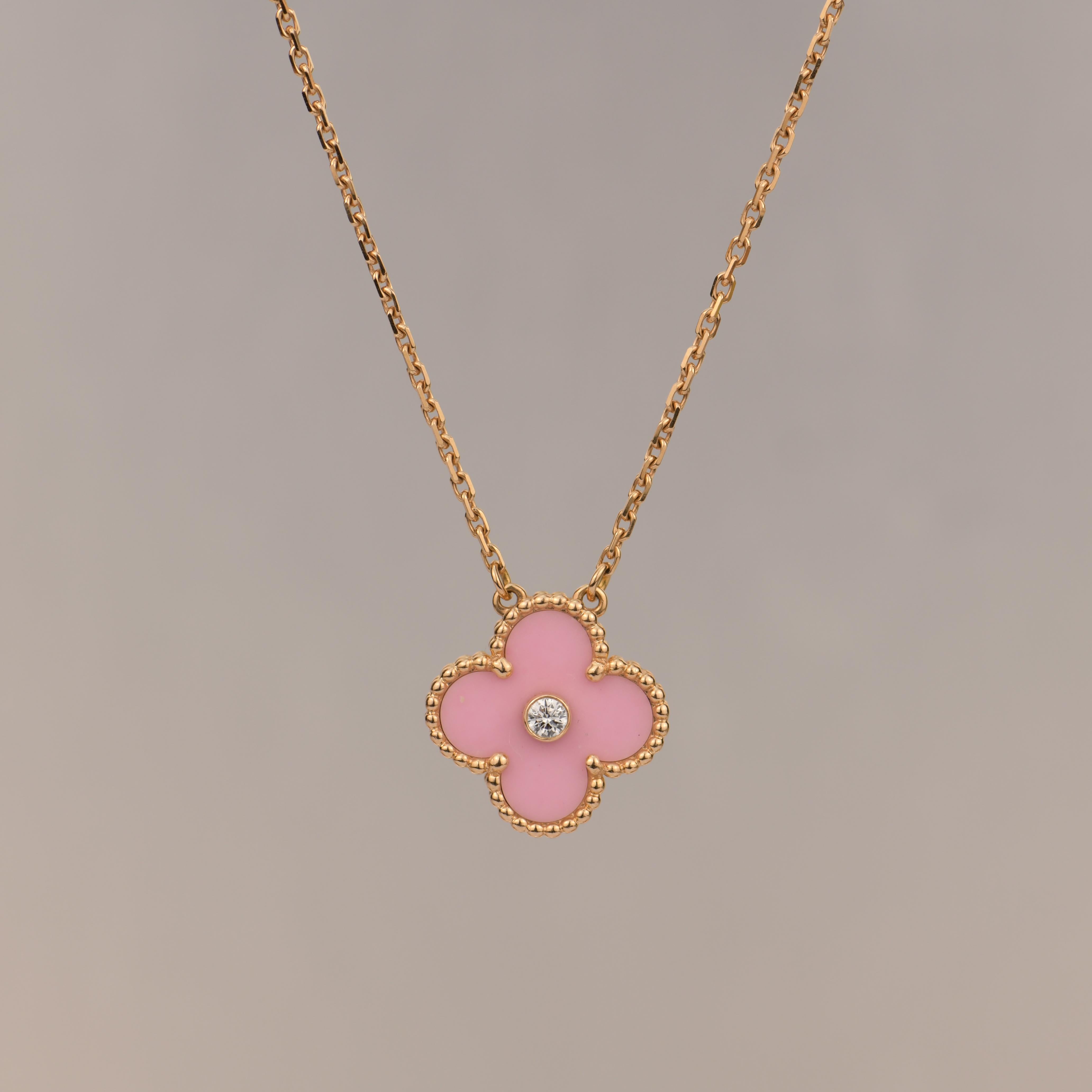 Brilliant Cut Van Cleef & Arpels Diamond Porcelain Limited Edition Alhambra Rose Gold Necklace