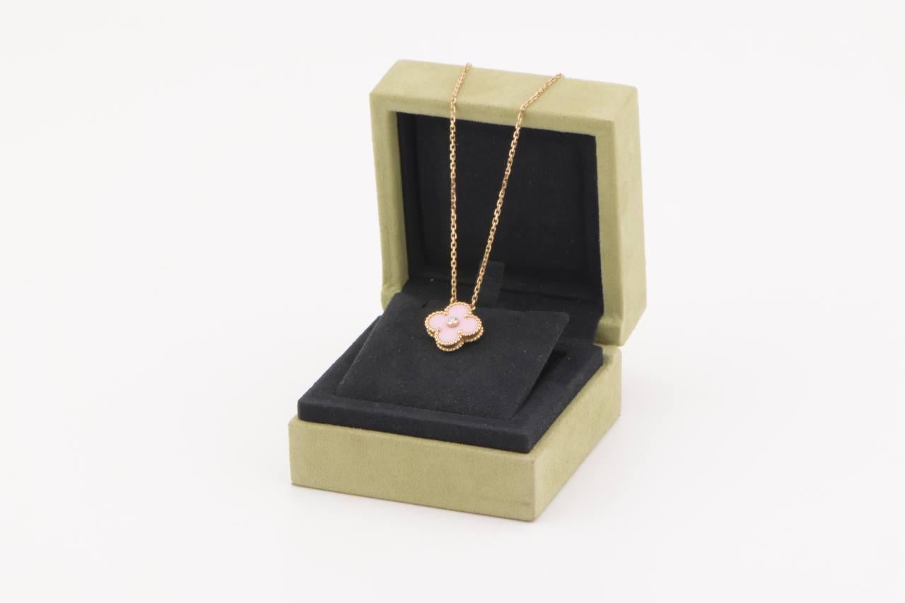 Round Cut Van Cleef & Arpels Diamond Porcelain Limited Edition Alhambra Rose Gold Necklace