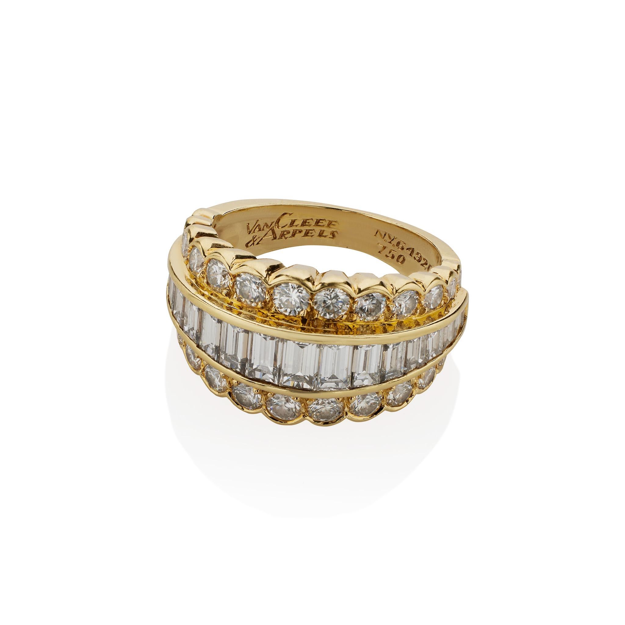 Created by Van Cleef & Arpels New York in the 1970s, this ring is composed of 18K gold and approximately 3.40 carats of diamonds. It is designed as a tapering channel-set line of baguette diamonds edged by round brilliant-cut diamonds. Sitting