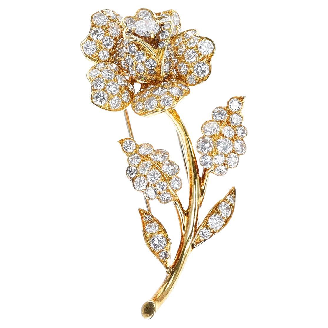 Van Cleef & Arpels Diamond Rose Brooch Pin, 18k For Sale