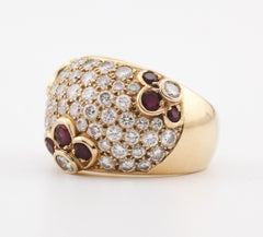 Van Cleef & Arpels Diamond Ruby 18k Yellow Gold Flower Dome Ring Size 5.5