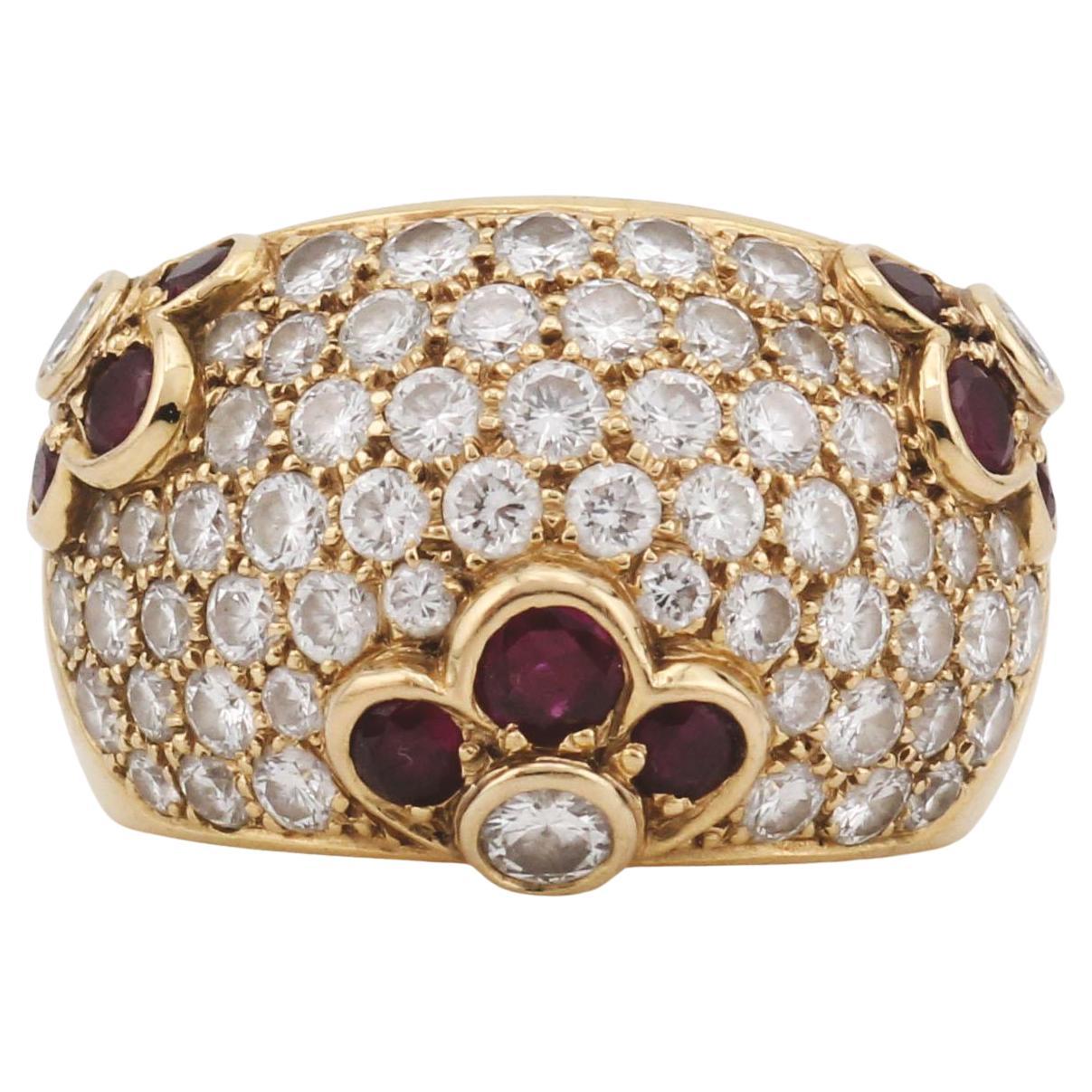 Van Cleef & Arpels Diamond Ruby 18k Yellow Gold Flower Dome Ring Size 5.5
