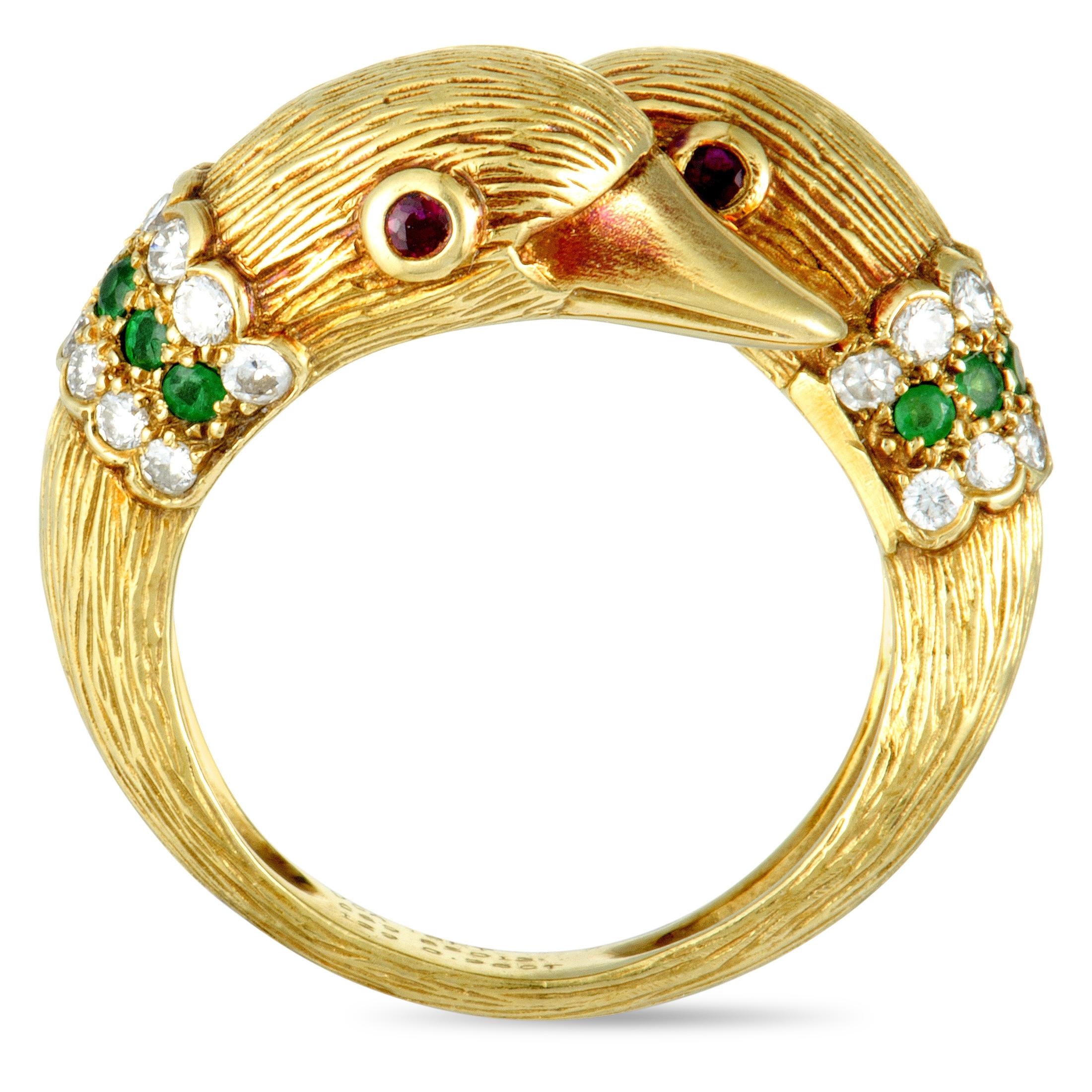 Women's Van Cleef & Arpels Diamond, Ruby and Emerald Swan Yellow Gold Bypass Ring