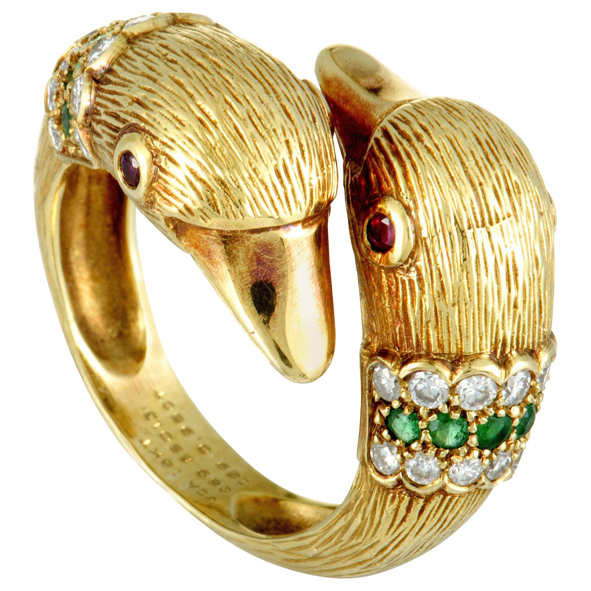 Van Cleef & Arpels Diamond, Ruby and Emerald Swan Yellow Gold Bypass Ring