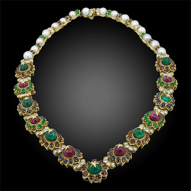 Van Cleef and Arpels Diamond Ruby Emerald Sapphire Beads Pearl Necklace ...