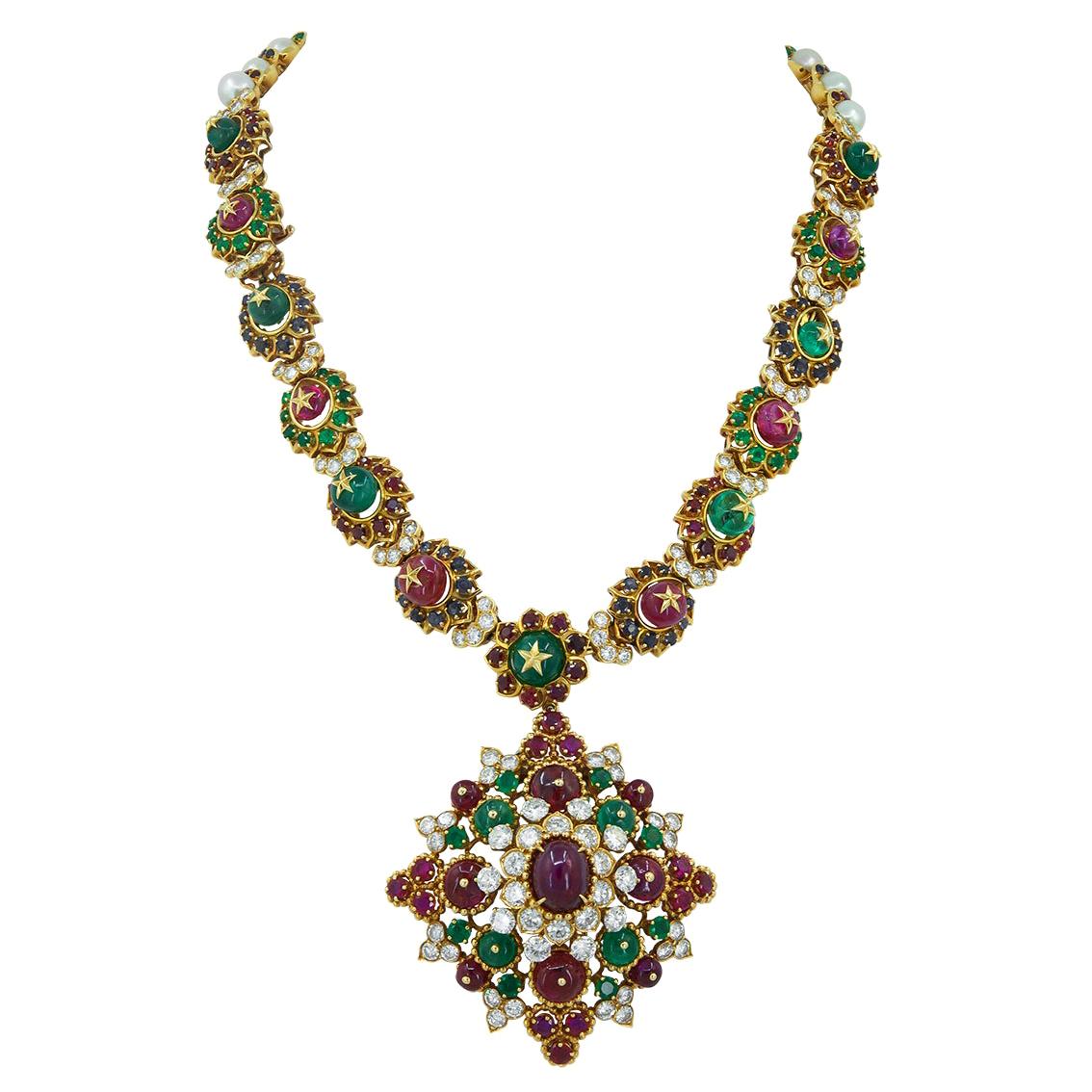 Van Cleef & Arpels Diamond Ruby Emerald Sapphire Beads Pearl Necklace Set