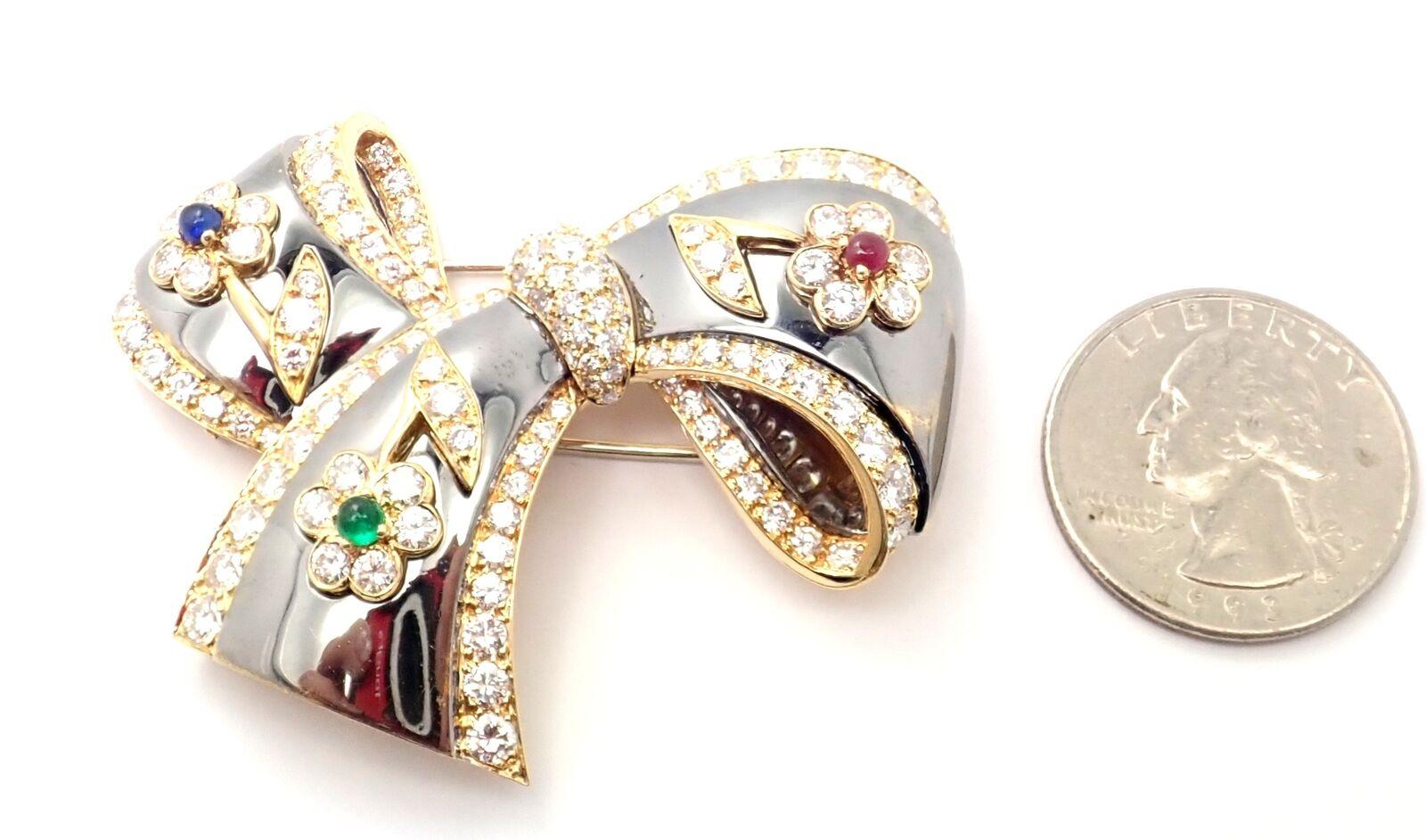 Van Cleef & Arpels Diamond Ruby Emerald Sapphire Flower Gold Pin Brooch In Excellent Condition For Sale In Holland, PA