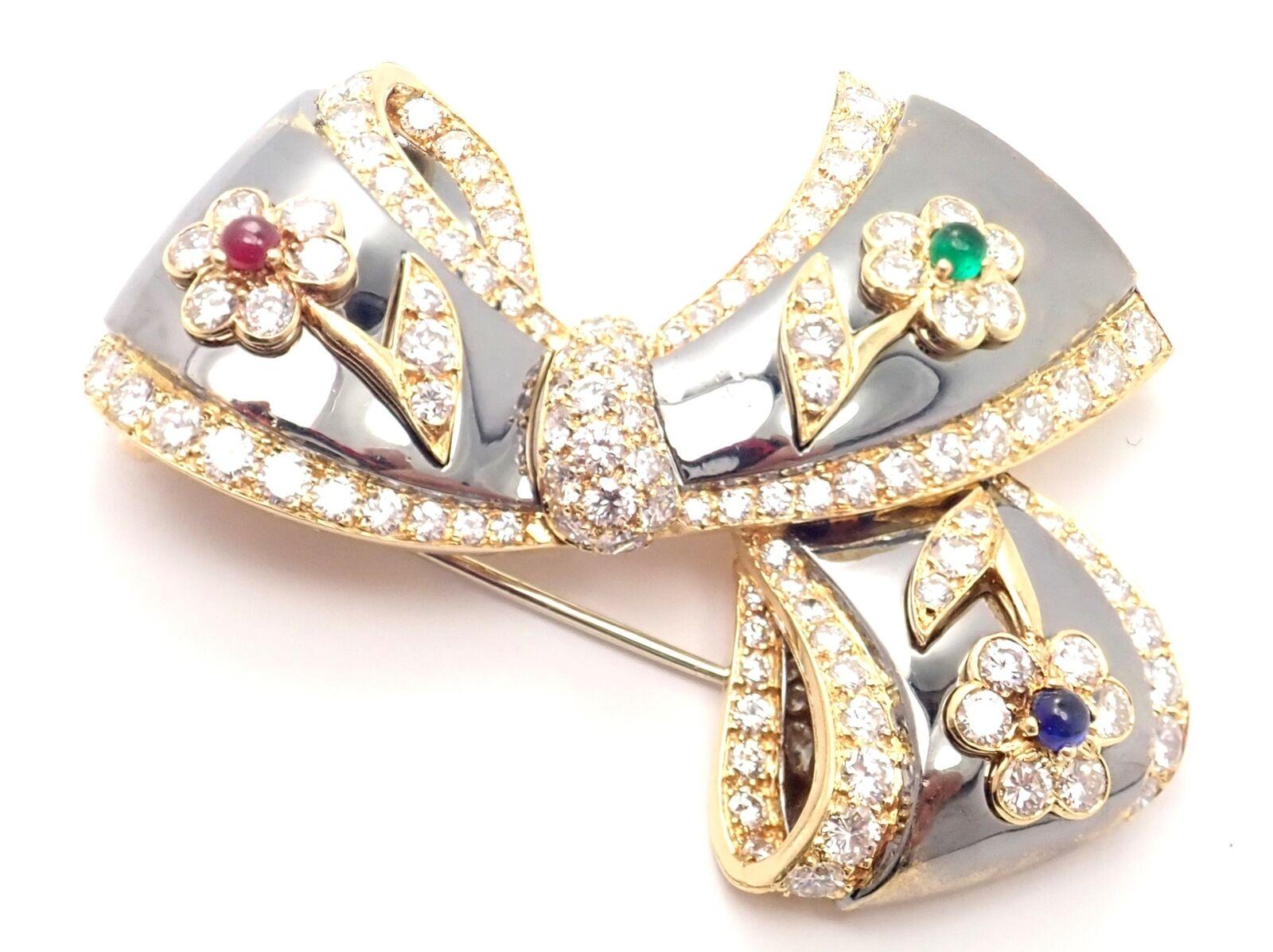 Van Cleef & Arpels Diamond Ruby Emerald Sapphire Flower Gold Pin Brooch For Sale 1