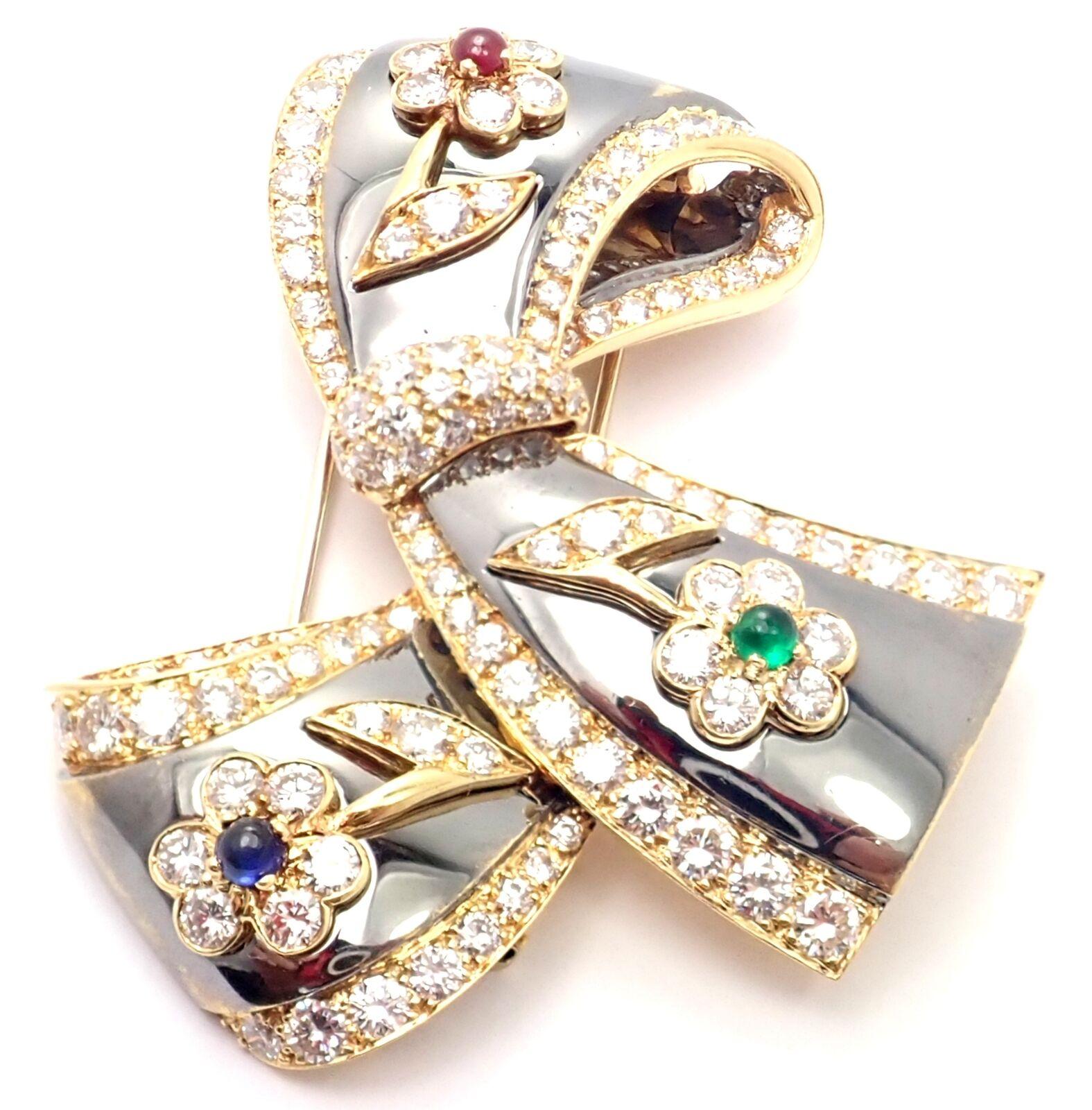 Van Cleef & Arpels Diamond Ruby Emerald Sapphire Flower Gold Pin Brooch For Sale 2