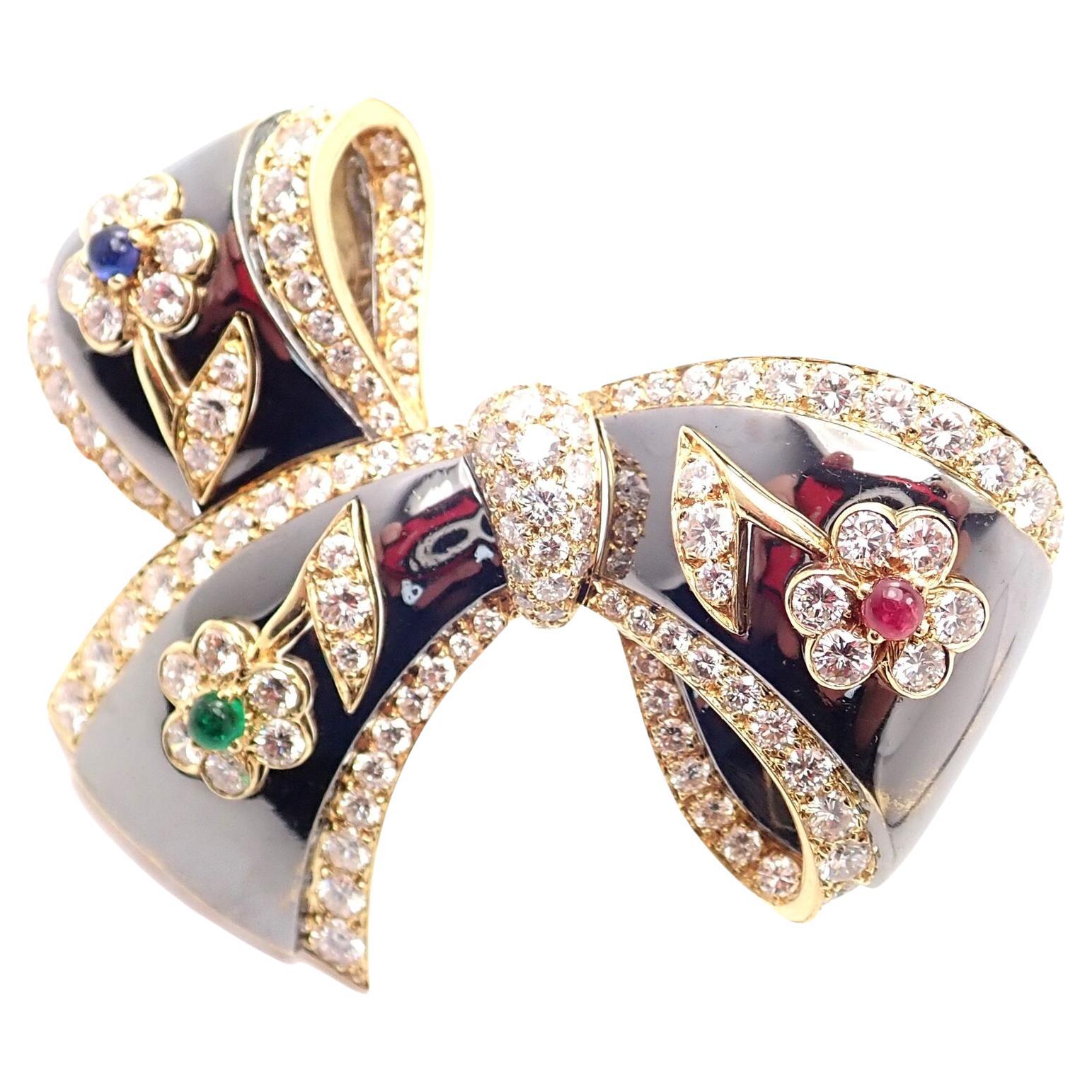 Van Cleef & Arpels Diamond Ruby Emerald Sapphire Flower Gold Pin Brooch