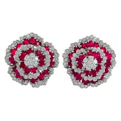 Van Cleef & Arpels Diamond Ruby Flower Ear Clips