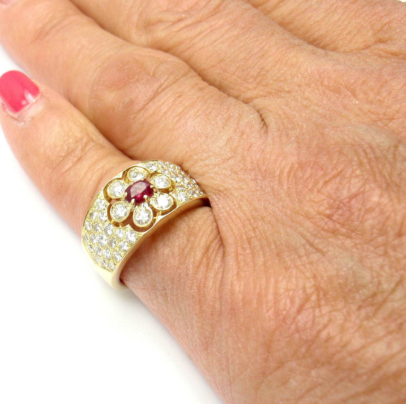 Van Cleef & Arpels Diamond Ruby Flower Yellow Gold Band Ring 2