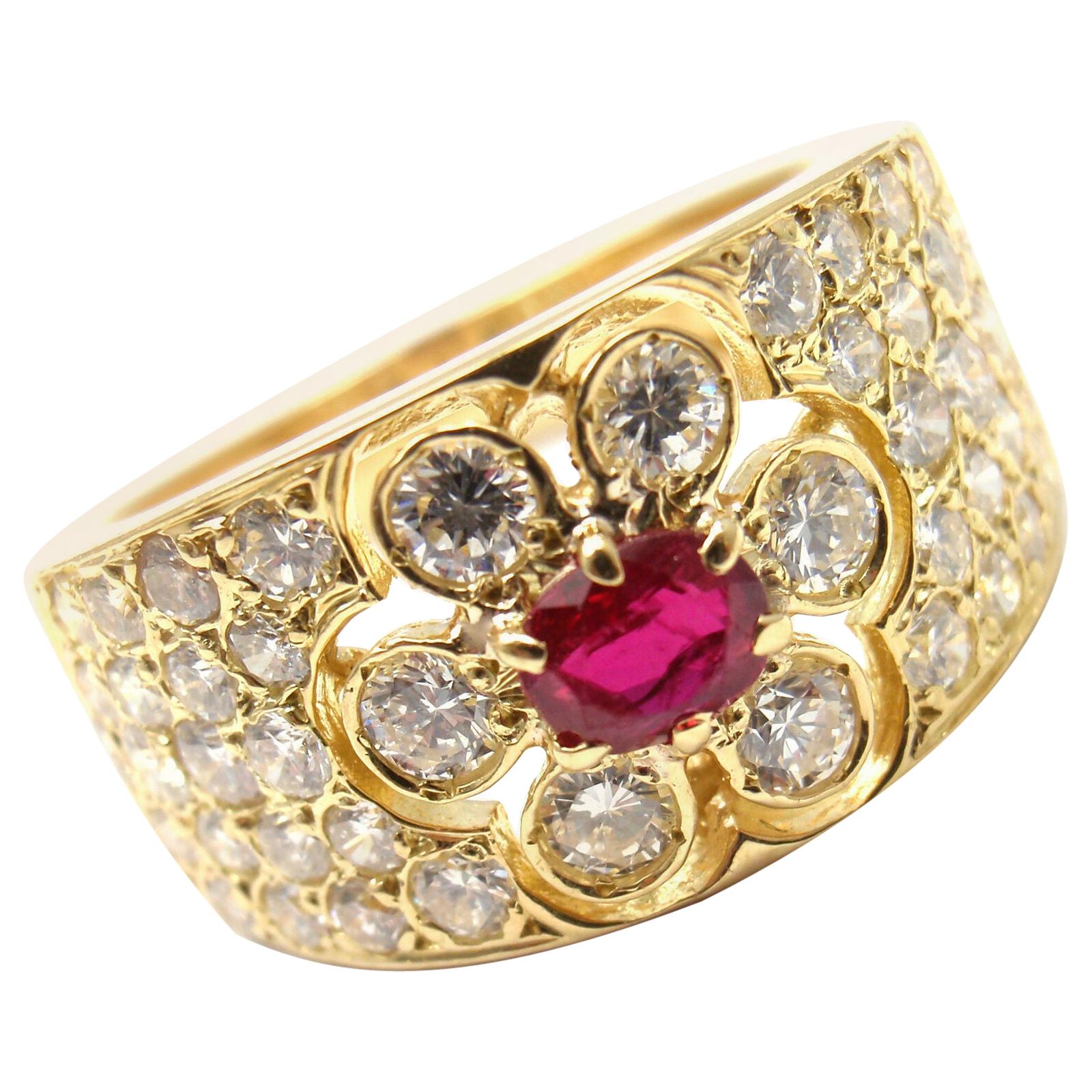 Van Cleef & Arpels Diamond Ruby Flower Yellow Gold Band Ring