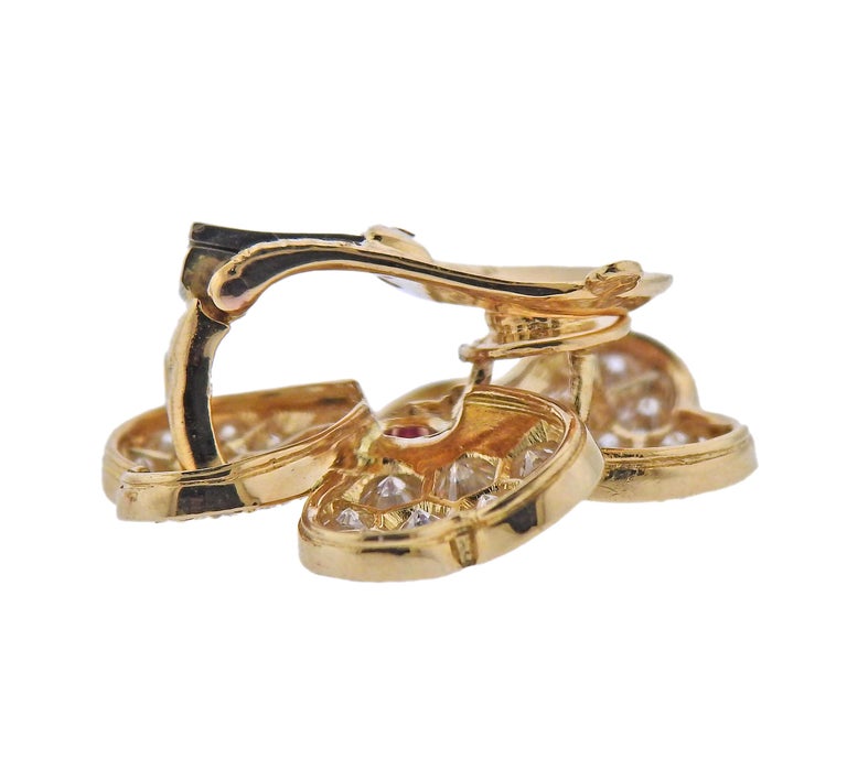 Van Cleef and Arpels Diamond Ruby Gold Flower Earrings at 1stDibs