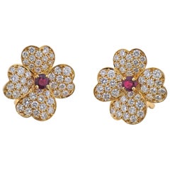 Van Cleef & Arpels Diamond Ruby Gold Flower Earrings