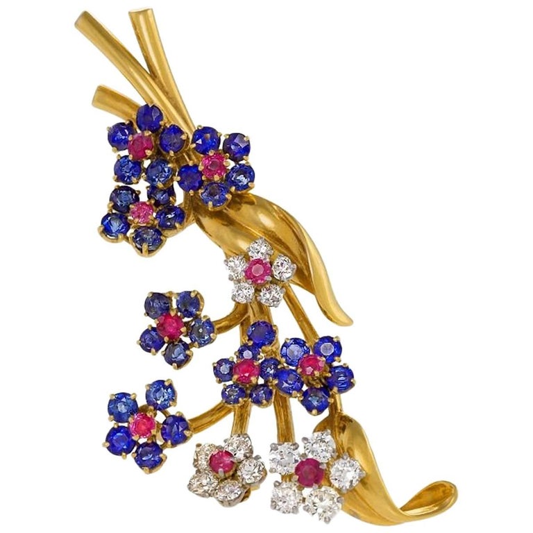 Van Cleef and Arpels Diamond Ruby Sapphire and Gold "Hawaii" Brooch at