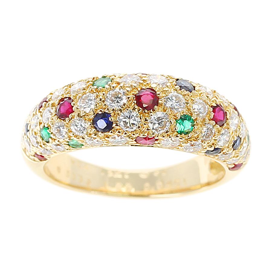 Round Cut Van Cleef & Arpels Diamond, Ruby, Sapphire, Emerald Ring, 18 Karat Yellow Gold