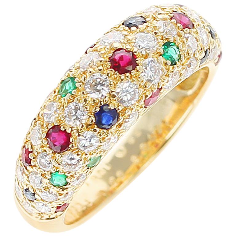 Van Cleef & Arpels Diamond, Ruby, Sapphire, Emerald Ring, 18 Karat Yellow Gold