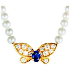 Van Cleef & Arpels Diamond Sapphire and Pearl Yellow Gold Butterfly Necklace