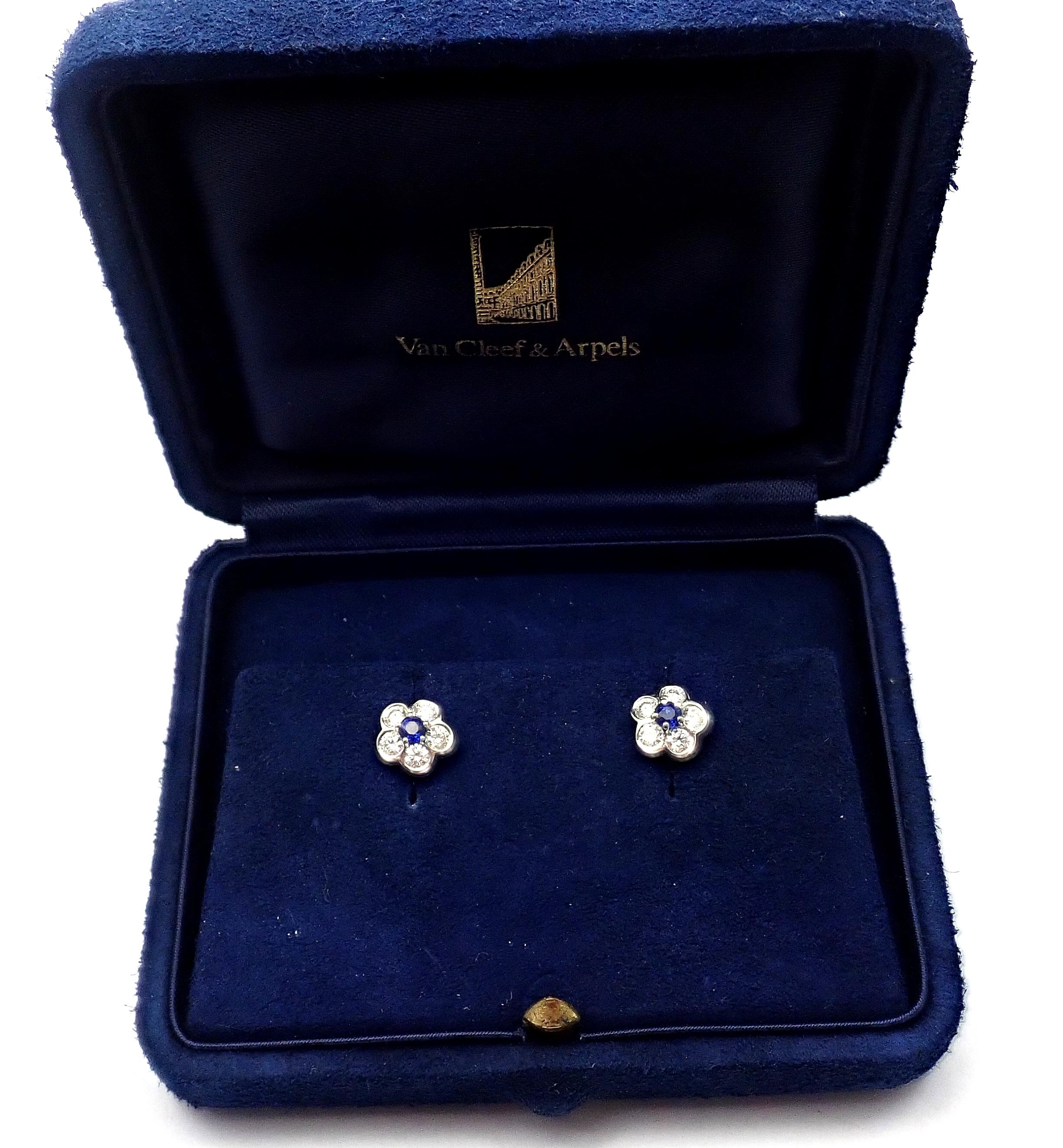 Van Cleef & Arpels Diamond Sapphire Fleurette Flower Platinum Stud Earrings 2