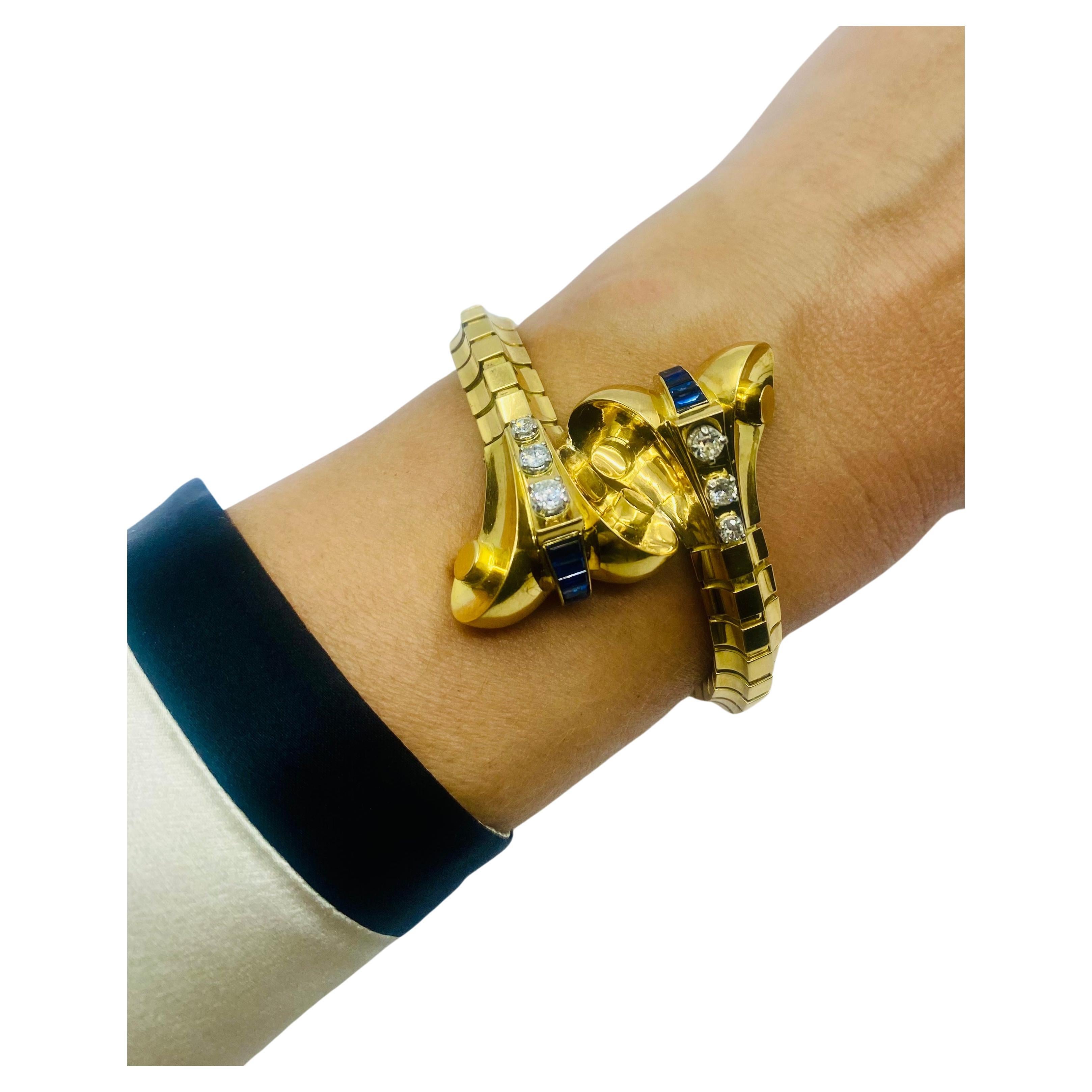 Rétro Van Cleef & Arpels - Bracciale a serpente in oro con diamanti e zaffiri in vendita