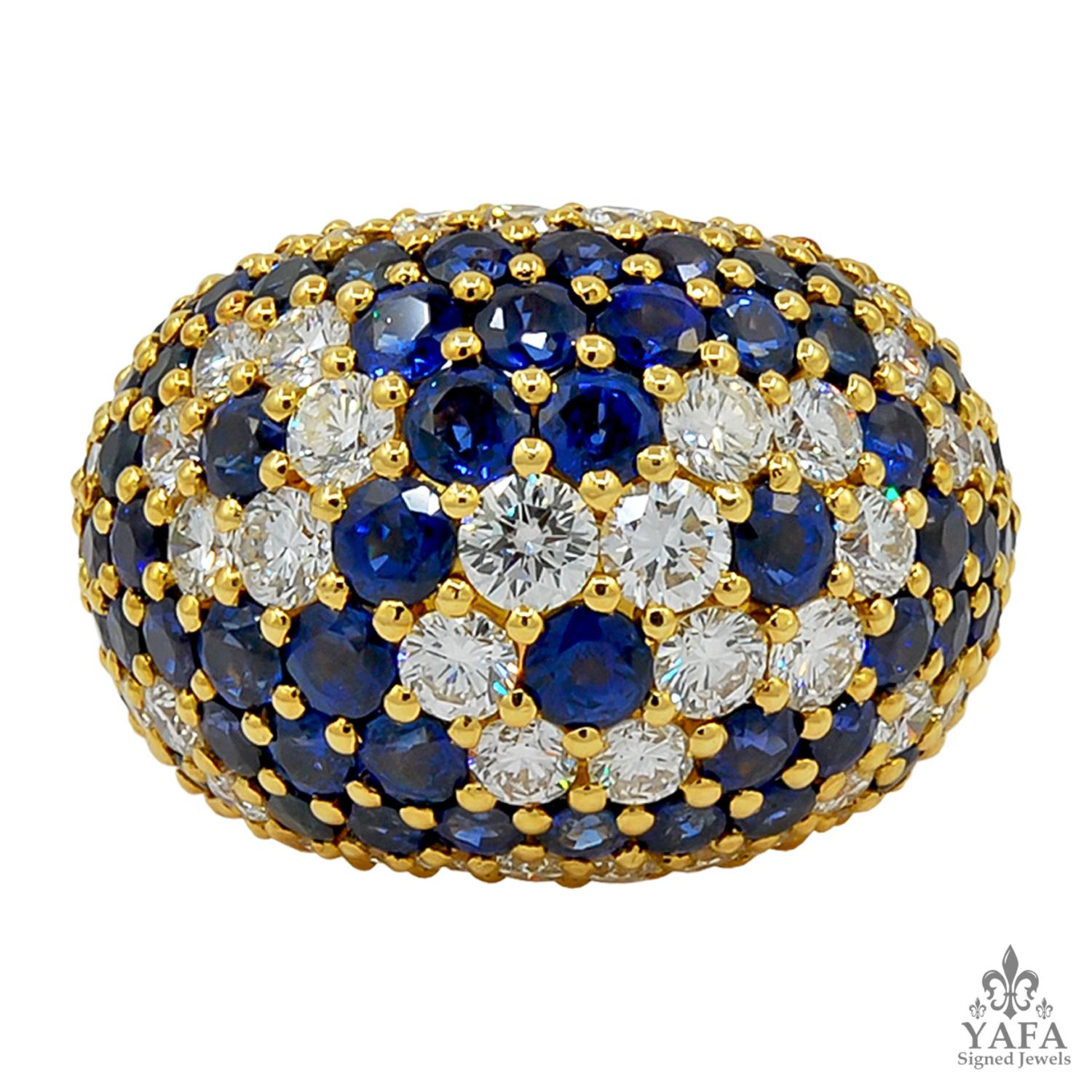 Van Cleef & Arpels Vintage Diamond Sapphire Ring
An 18k yellow gold dome ring, set with circular-cut diamonds and sapphire, signed Van Cleef & Arpels, French.
ring size – 6
Signed “VAN CLEEF & ARPELS”; circa 1970s
