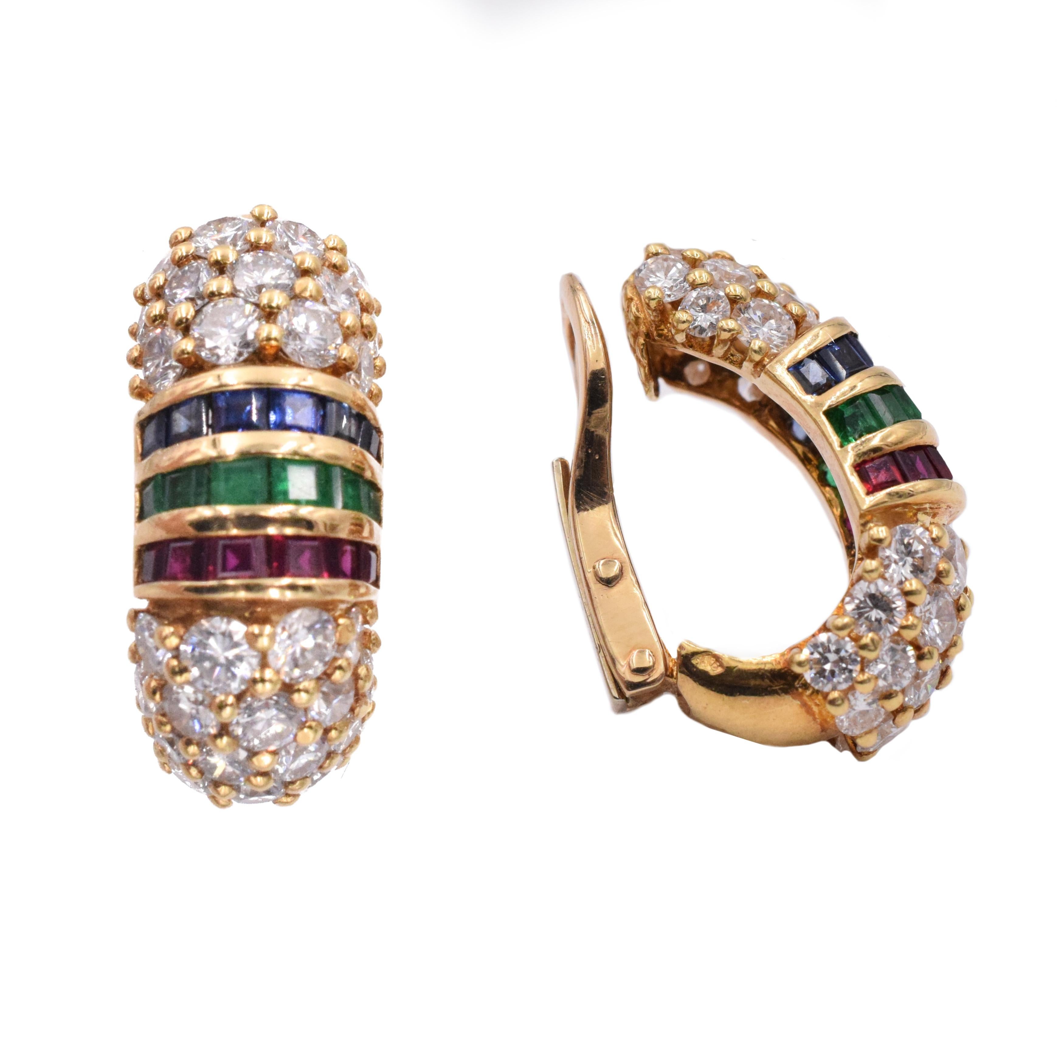 Van Cleef & Arpels diamond, sapphire, ruby and emerald hoop earclip earrings in 18k yellow gold. Pave set with round brilliant cut diamonds 3.5 carats & accented with 3 rows of square cut gemstones with total weight of 2 carats (emeralds, rubies and
