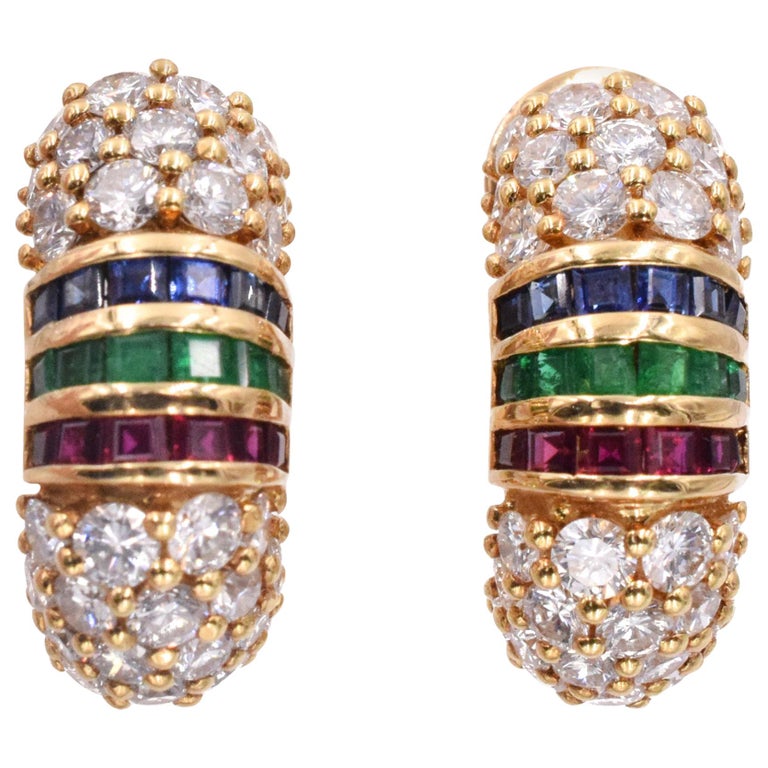 Van Cleef & Arpels Diamond, Sapphire, Ruby and Emerald Hoops For Sale