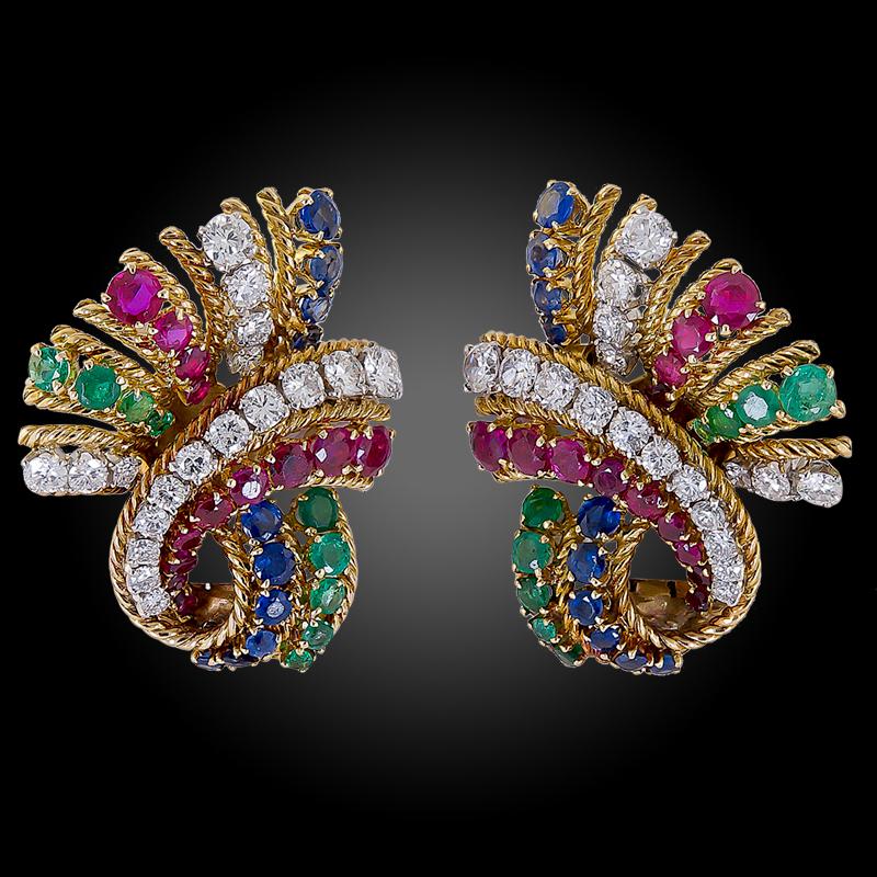 Van Cleef & Arpels Diamond Sapphire Ruby Emerald Earrings In Good Condition In New York, NY