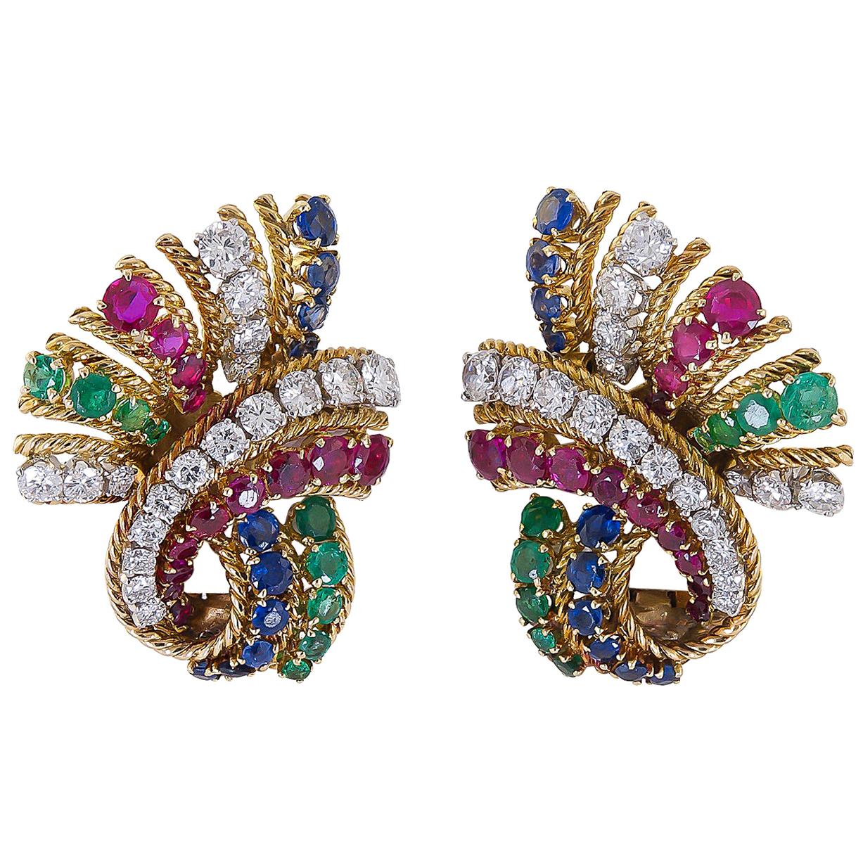 Van Cleef & Arpels Diamond Sapphire Ruby Emerald Earrings