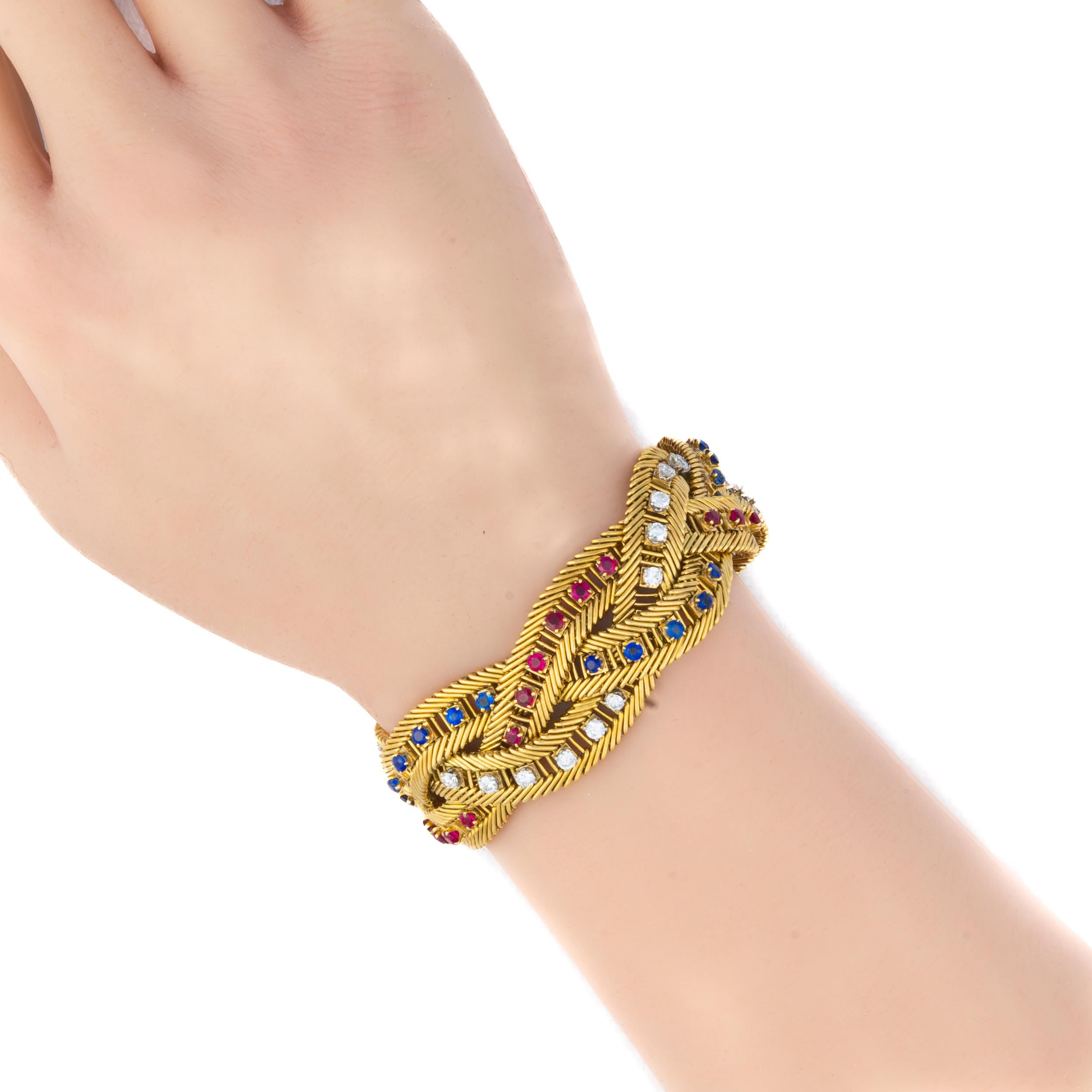 Round Cut Van Cleef & Arpels Diamond, Sapphire & Ruby Gold Rope Twist Bracelet For Sale