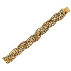 Van Cleef & Arpels Diamond, Sapphire & Ruby Gold Rope Twist Bracelet