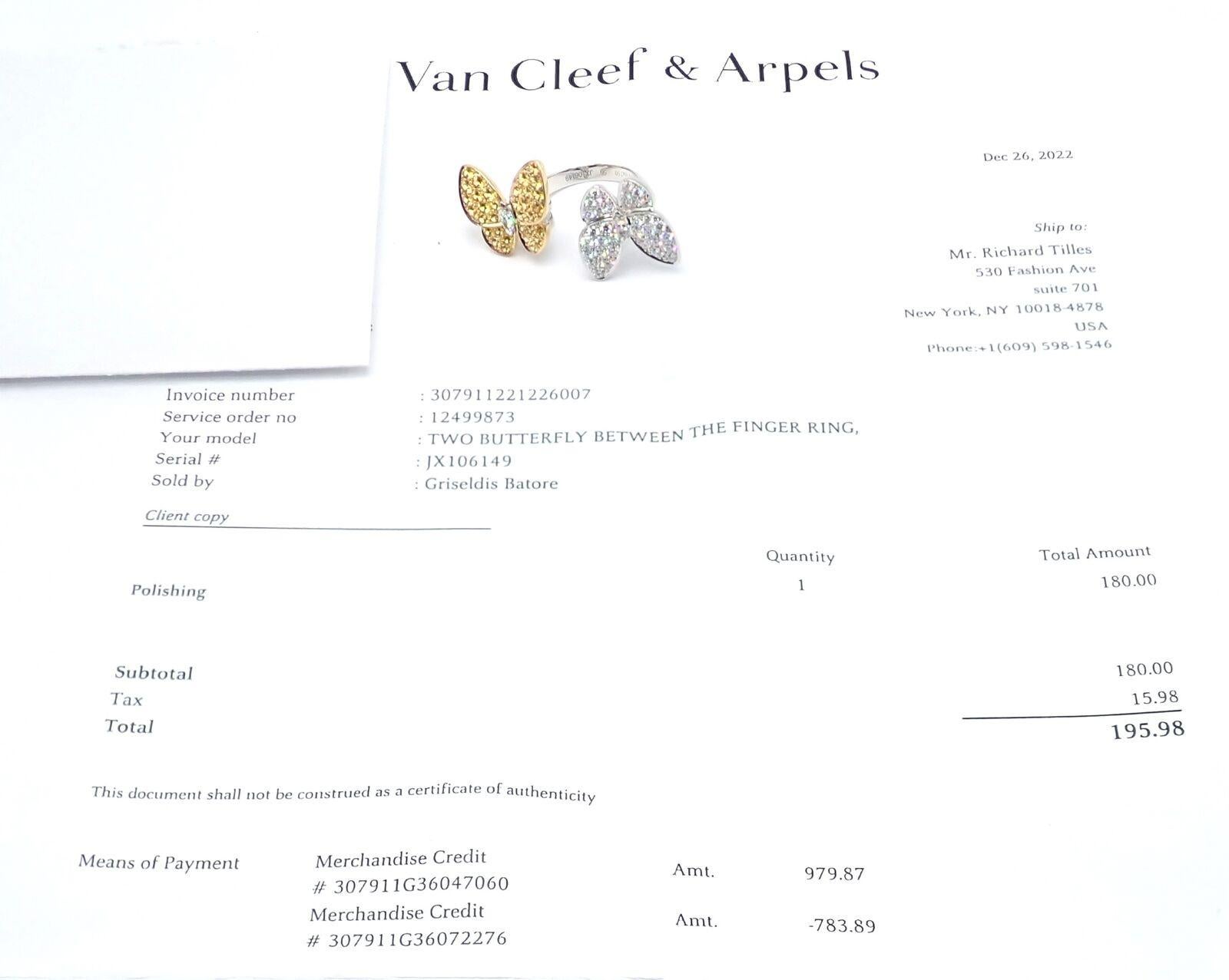 Women's or Men's Van Cleef & Arpels Diamond Sapphire Two Butterfly Between Finger White Gold Ring For Sale