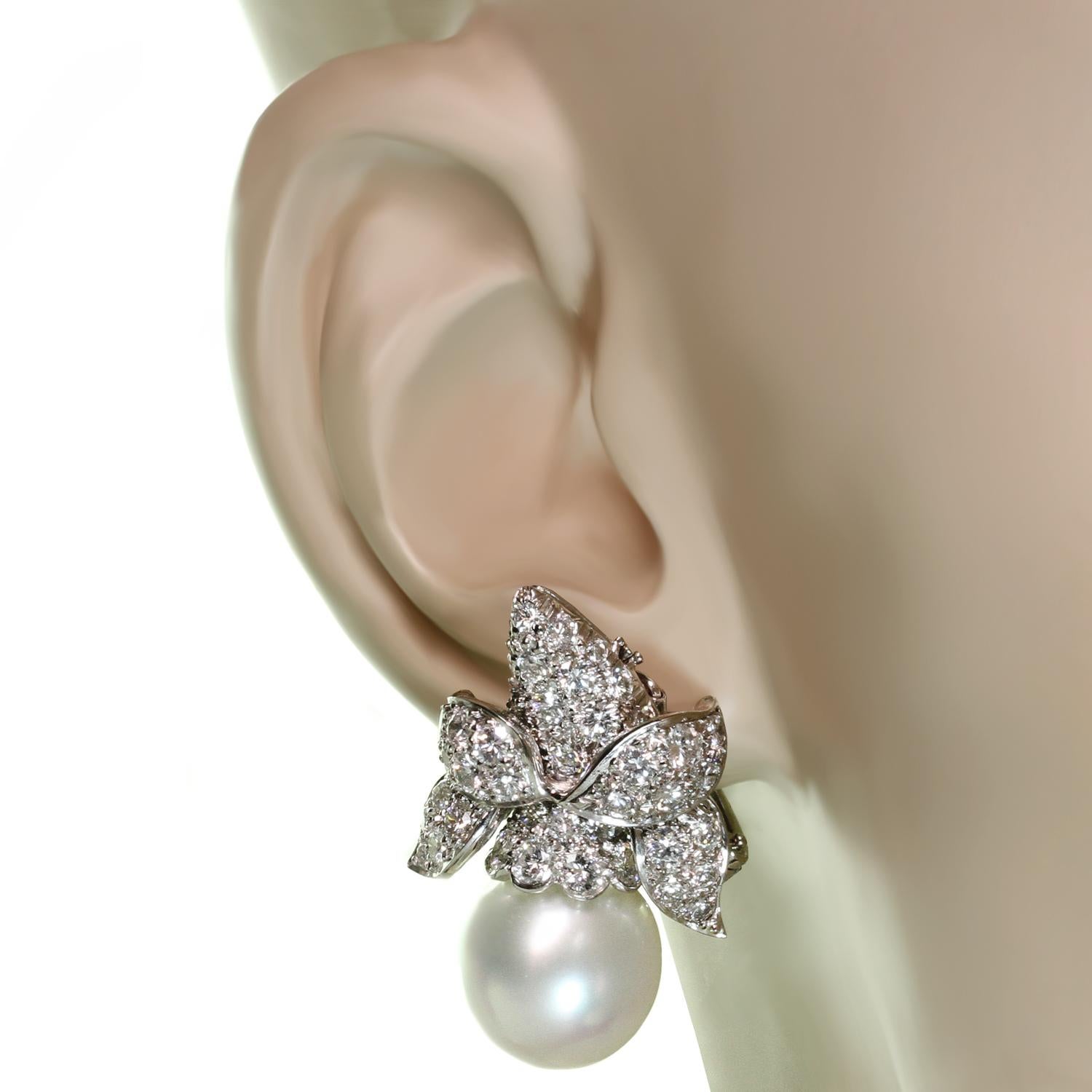 Women's Van Cleef & Arpels Diamond South Sea Pearl Platinum Clip-On Earrings