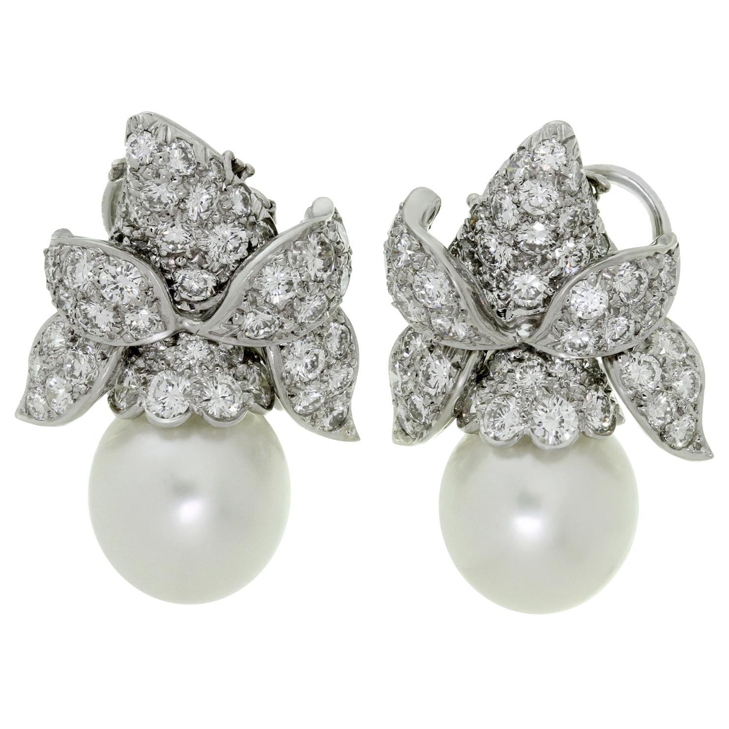 Van Cleef & Arpels Diamond South Sea Pearl Platinum Clip-On Earrings