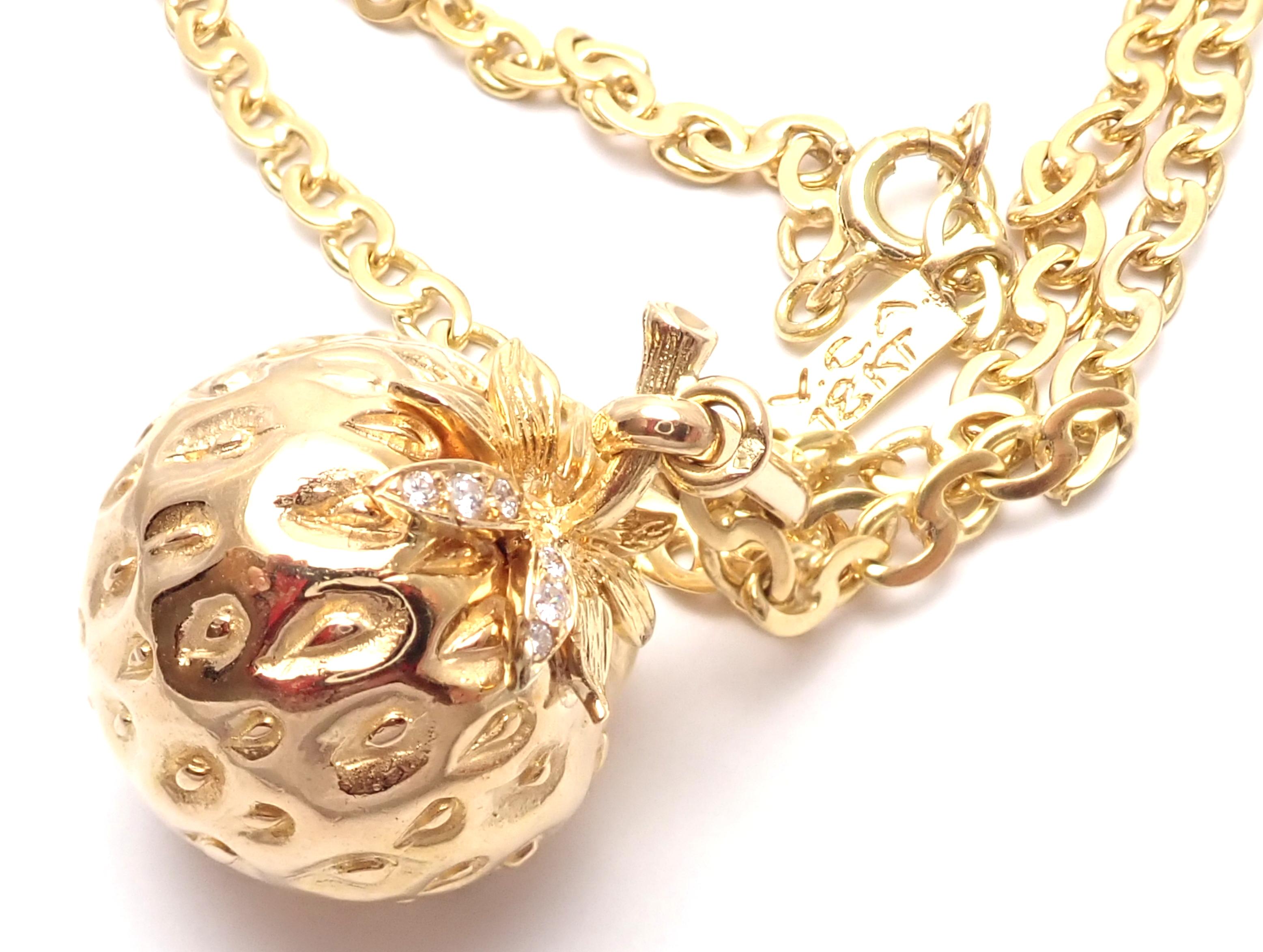 18k Yellow Gold Diamond Strawberry Pendant Necklace by Van Cleef & Arpels. 
With 6 round brilliant cut diamonds VVS1 clarity, E color total weight approx. .12ct
This necklace comes with Van Cleef & Arpels service paper.
Details: 
Necklace Length