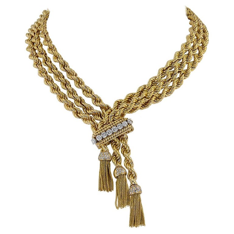Van Cleef and Arpels Diamond Yellow Gold Tassel Rope Necklace For Sale at 1stDibs