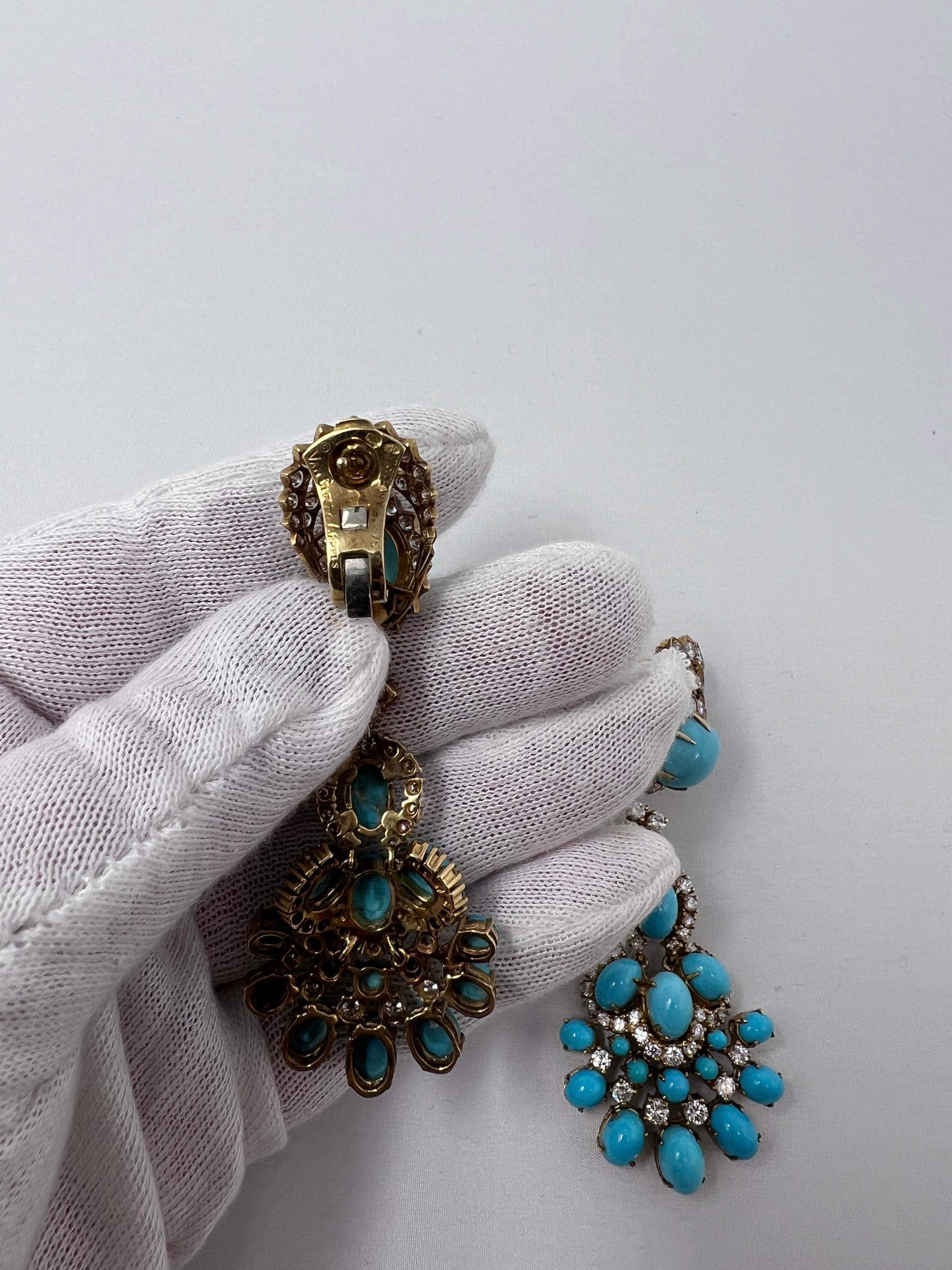 Van Cleef & Arpels Diamond, Turquoise and 18 Karat Yellow Gold Pendant Earrings In Excellent Condition In West Hartford, CT