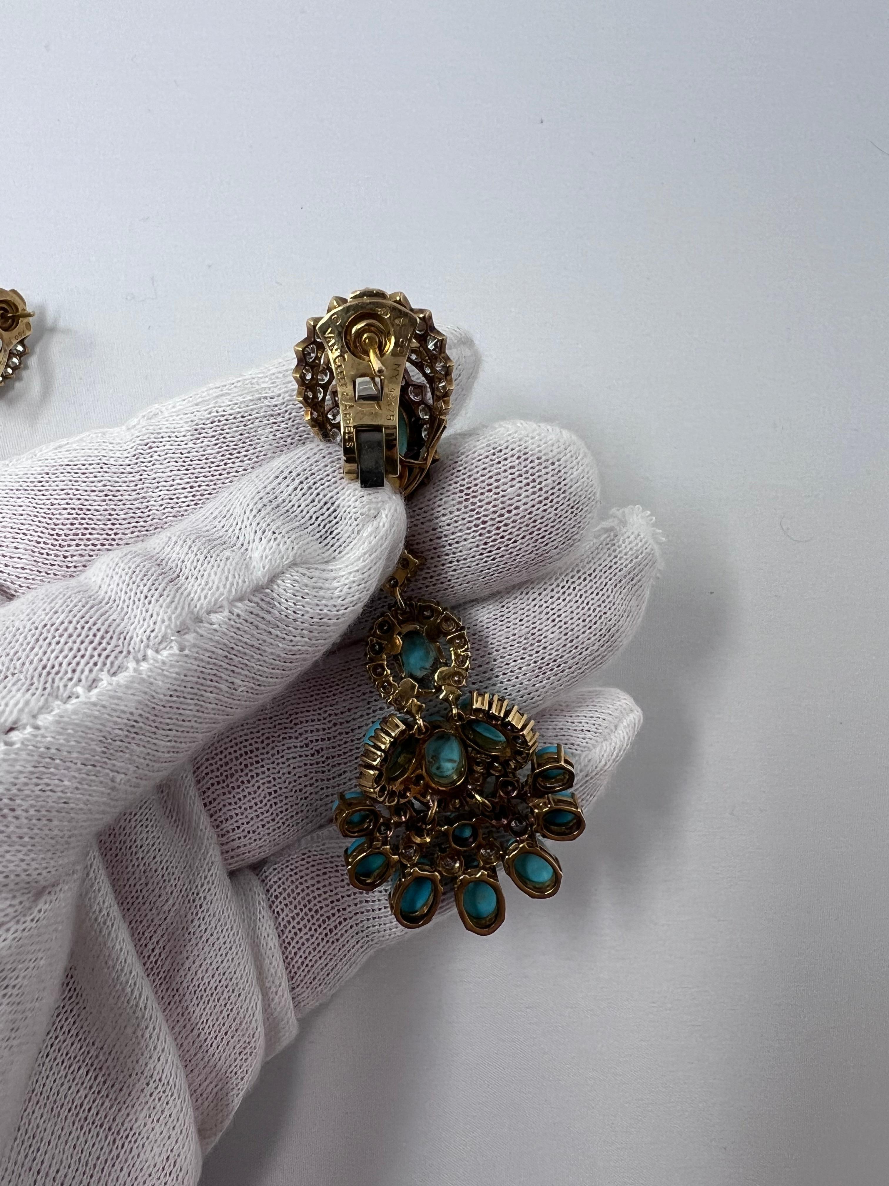 Women's Van Cleef & Arpels Diamond, Turquoise and 18 Karat Yellow Gold Pendant Earrings