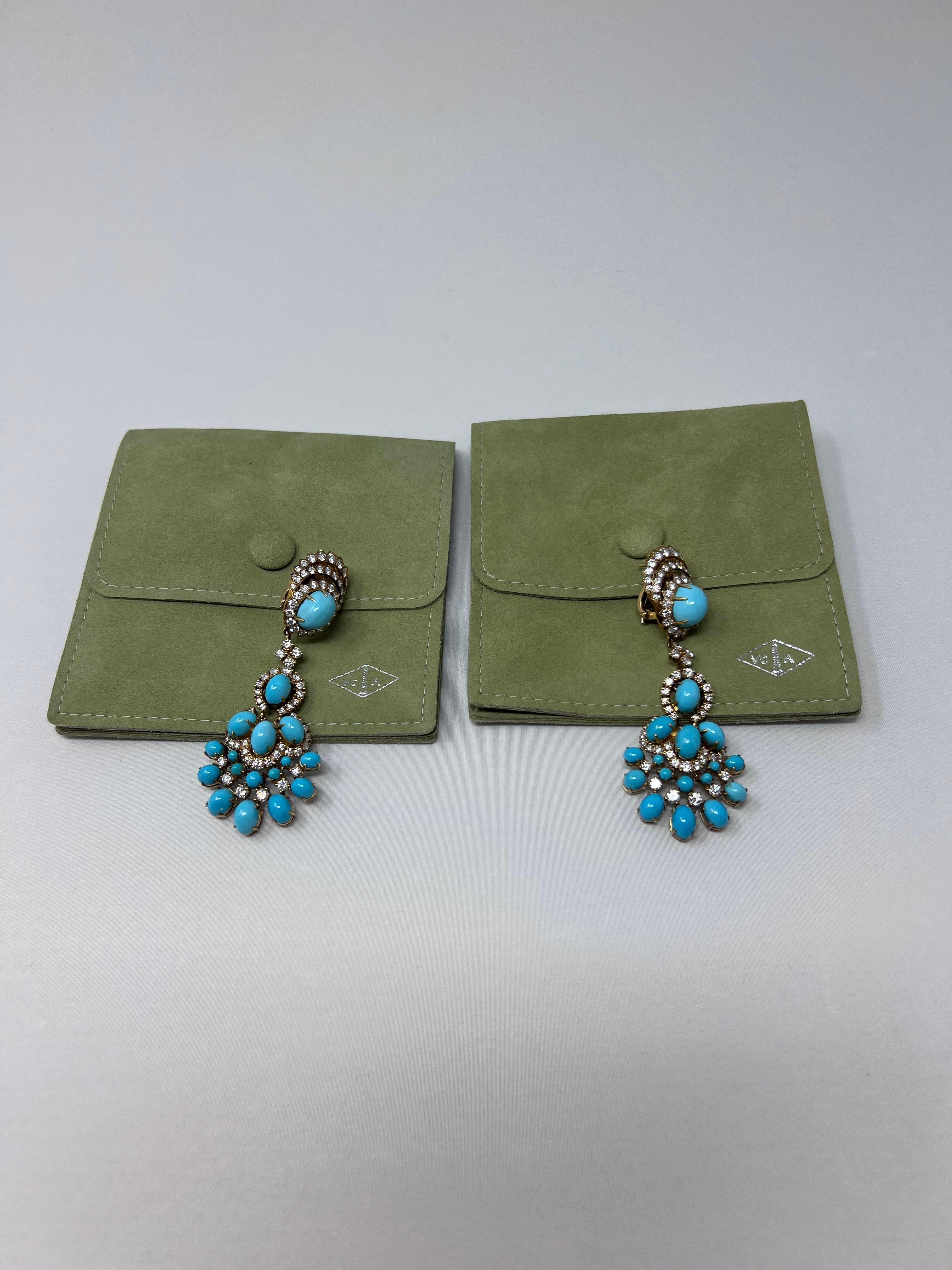 Van Cleef & Arpels Diamond, Turquoise and 18 Karat Yellow Gold Pendant Earrings 1