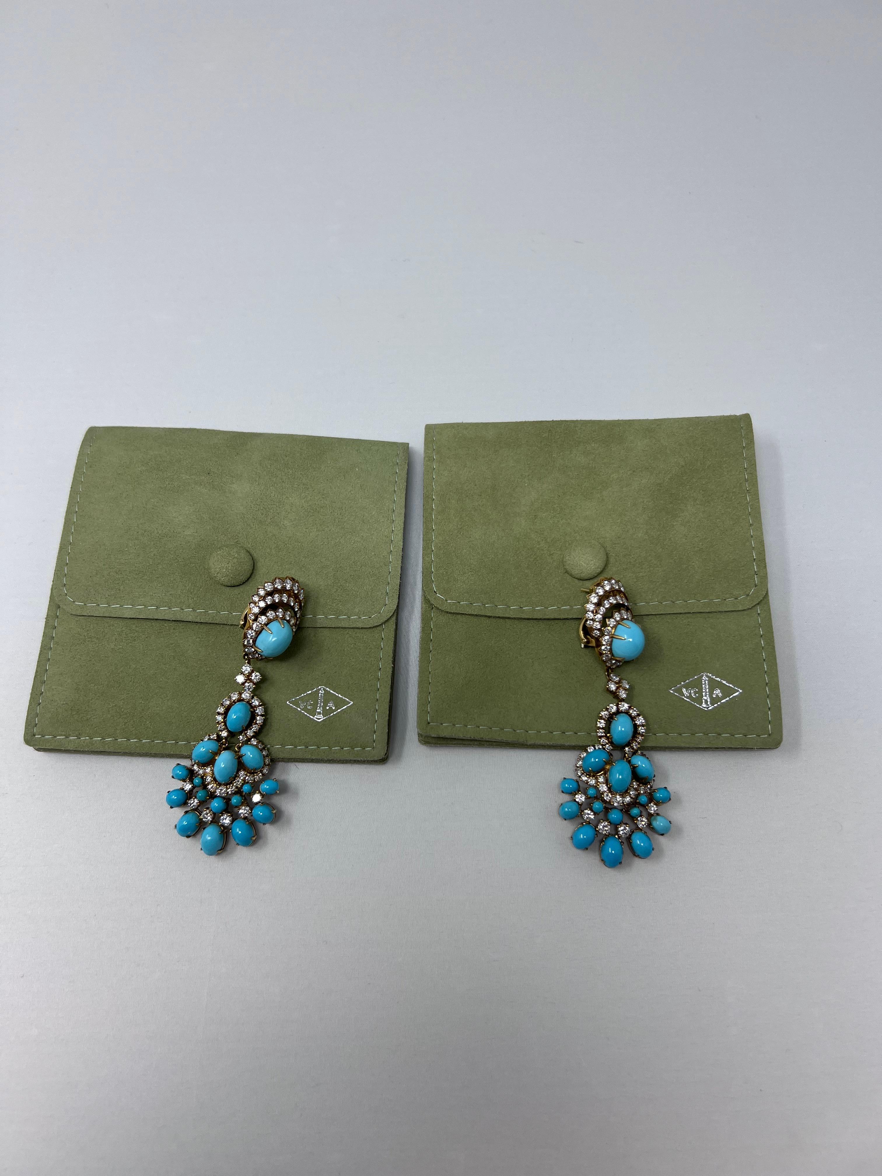Van Cleef & Arpels Diamond, Turquoise and 18 Karat Yellow Gold Pendant Earrings 2