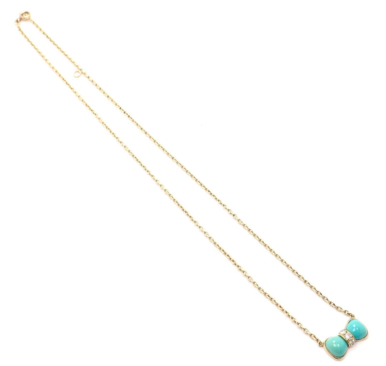 Van Cleef & Arpels Diamond Turquoise Bow Yellow Gold Pendant Necklace In Excellent Condition In Holland, PA