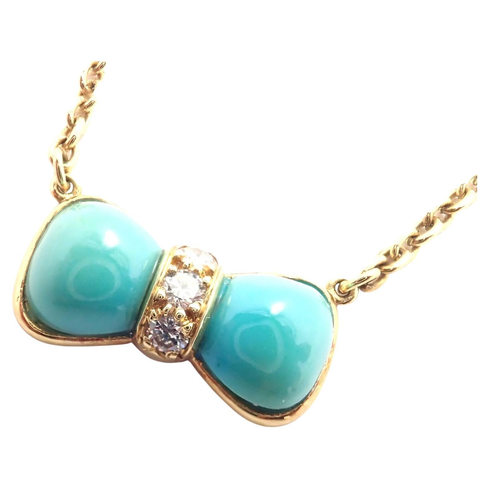 Van Cleef & Arpels Diamond Turquoise Bow Yellow Gold Pendant Necklace