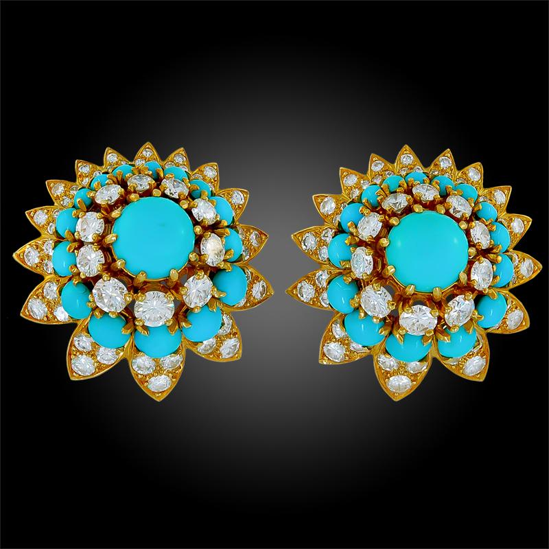 An exceptional suite by Van Cleef & Arpels that dates back to the 1970’s, comprising a flower head brooch and matching earrings, each crafted in 18k yellow gold, set with brilliant diamonds and cabochon turquoise.

Signed Van Cleef & Arpels.