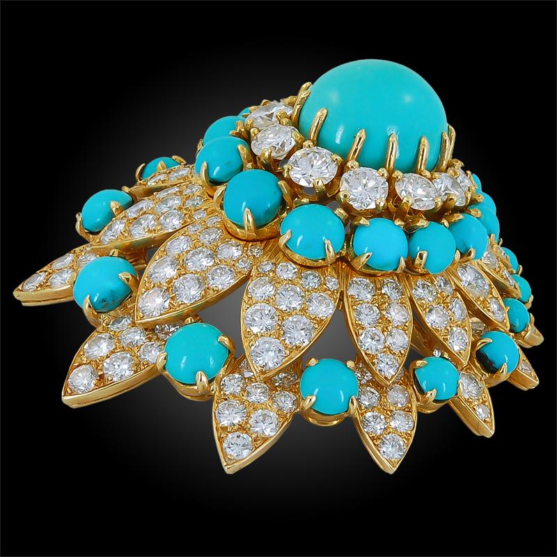 Women's Van Cleef & Arpels Diamond Turquoise Brooch Earrings