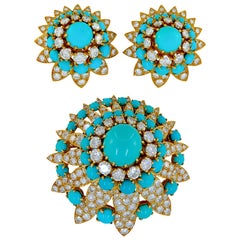 Van Cleef & Arpels Diamond Turquoise Brooch Earrings