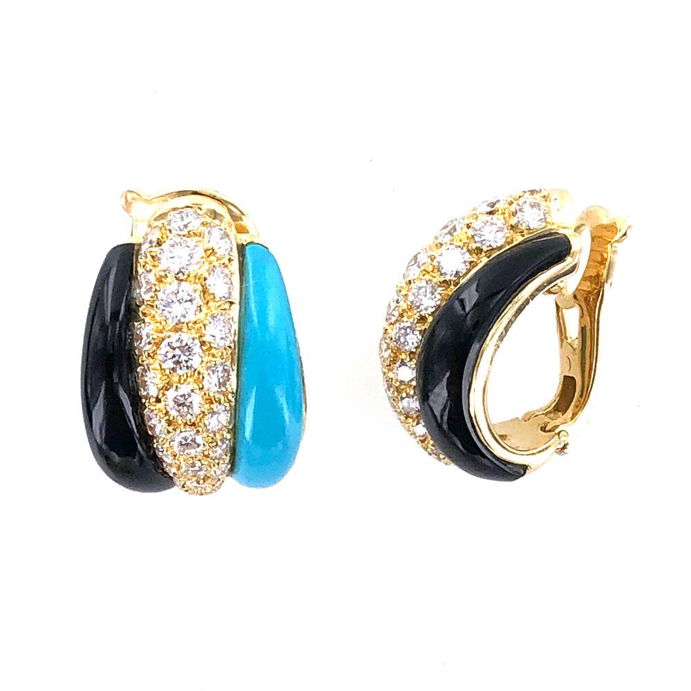 Modern Van Cleef & Arpels Diamond Turquoise Onyx Estate Vintage Earrings