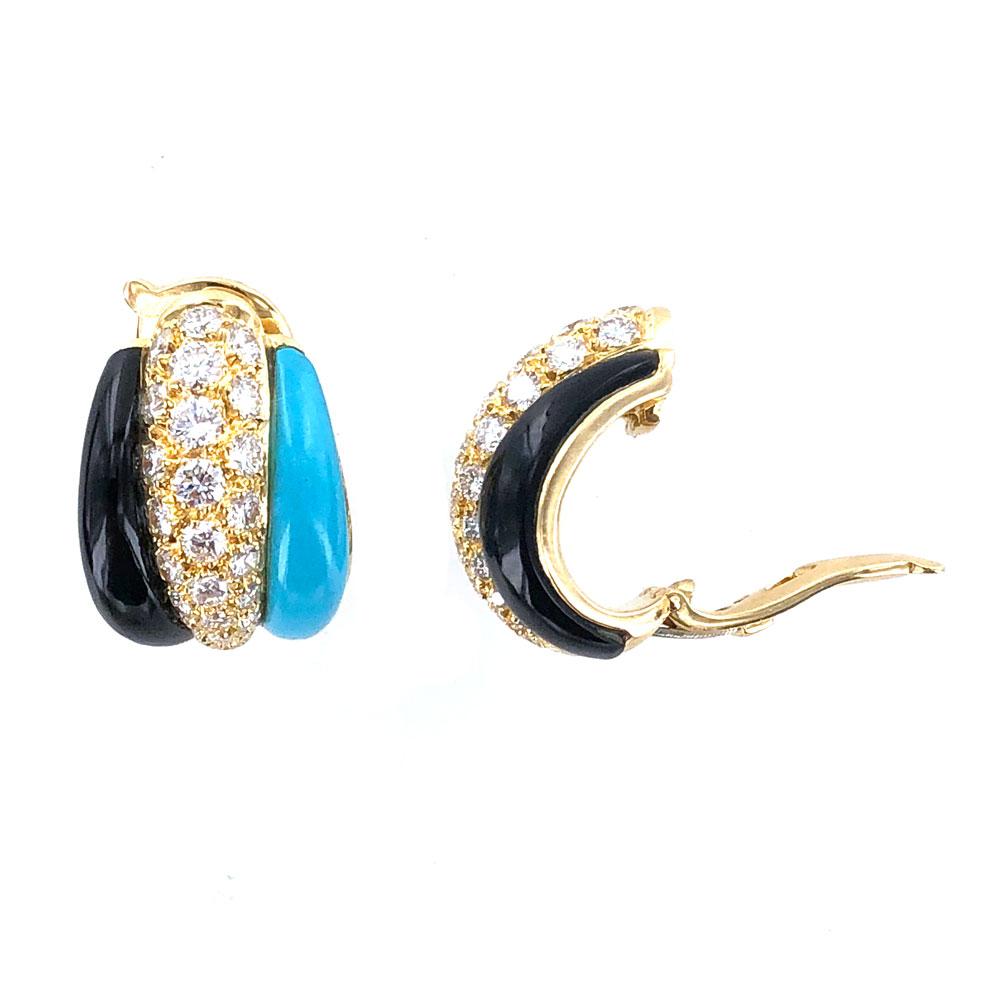Round Cut Van Cleef & Arpels Diamond Turquoise Onyx Estate Vintage Earrings