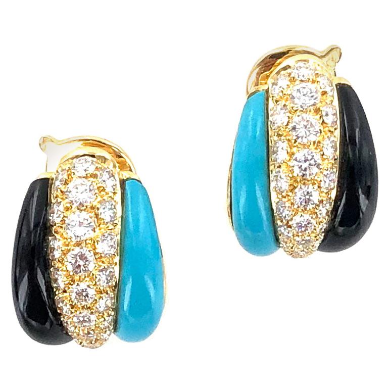 Van Cleef & Arpels Diamond Turquoise Onyx Estate Vintage Earrings