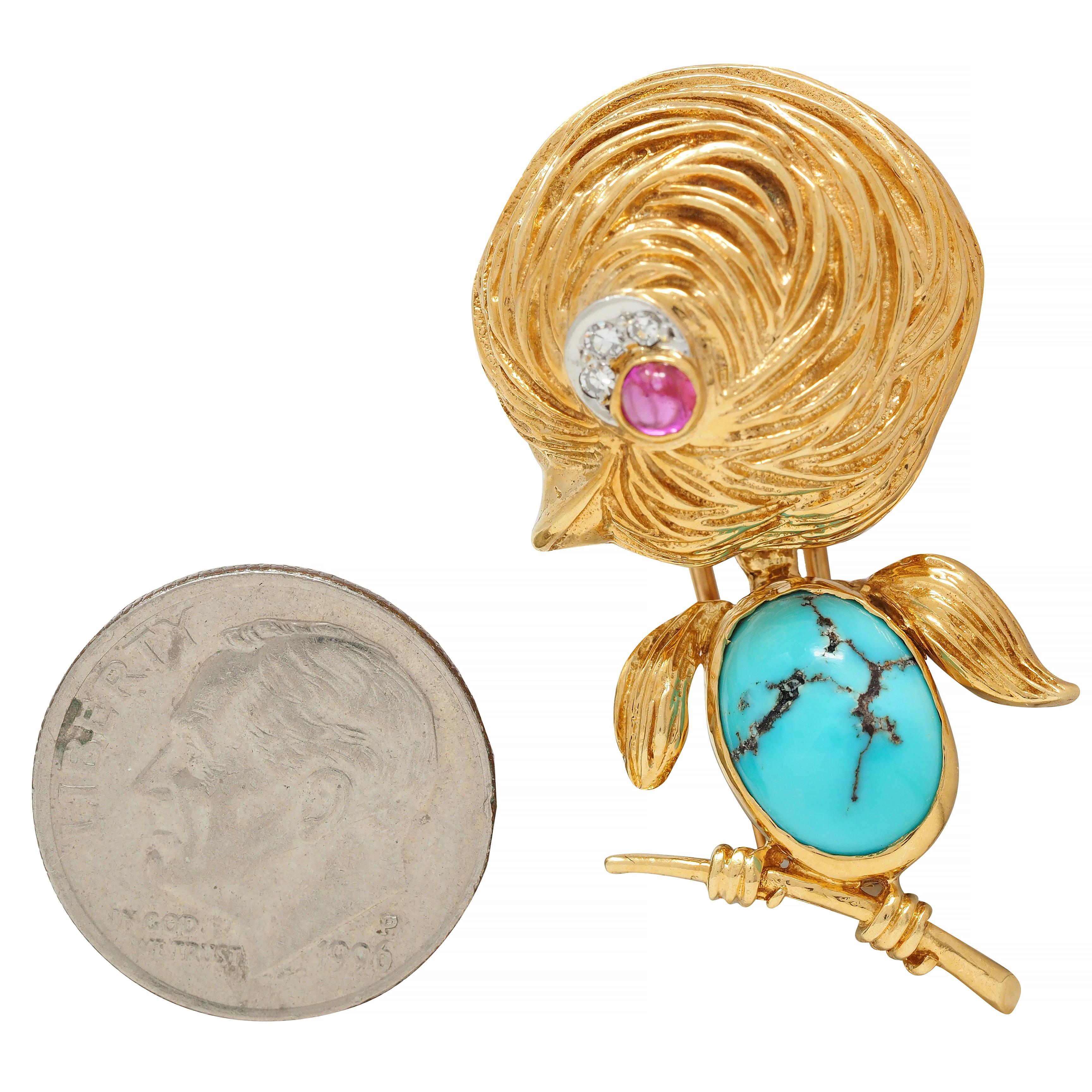 Femenino o masculino Van Cleef & Arpels Diamantes Turquesa Platino Oro de 18 Kilates Broche Vintage Pájaro